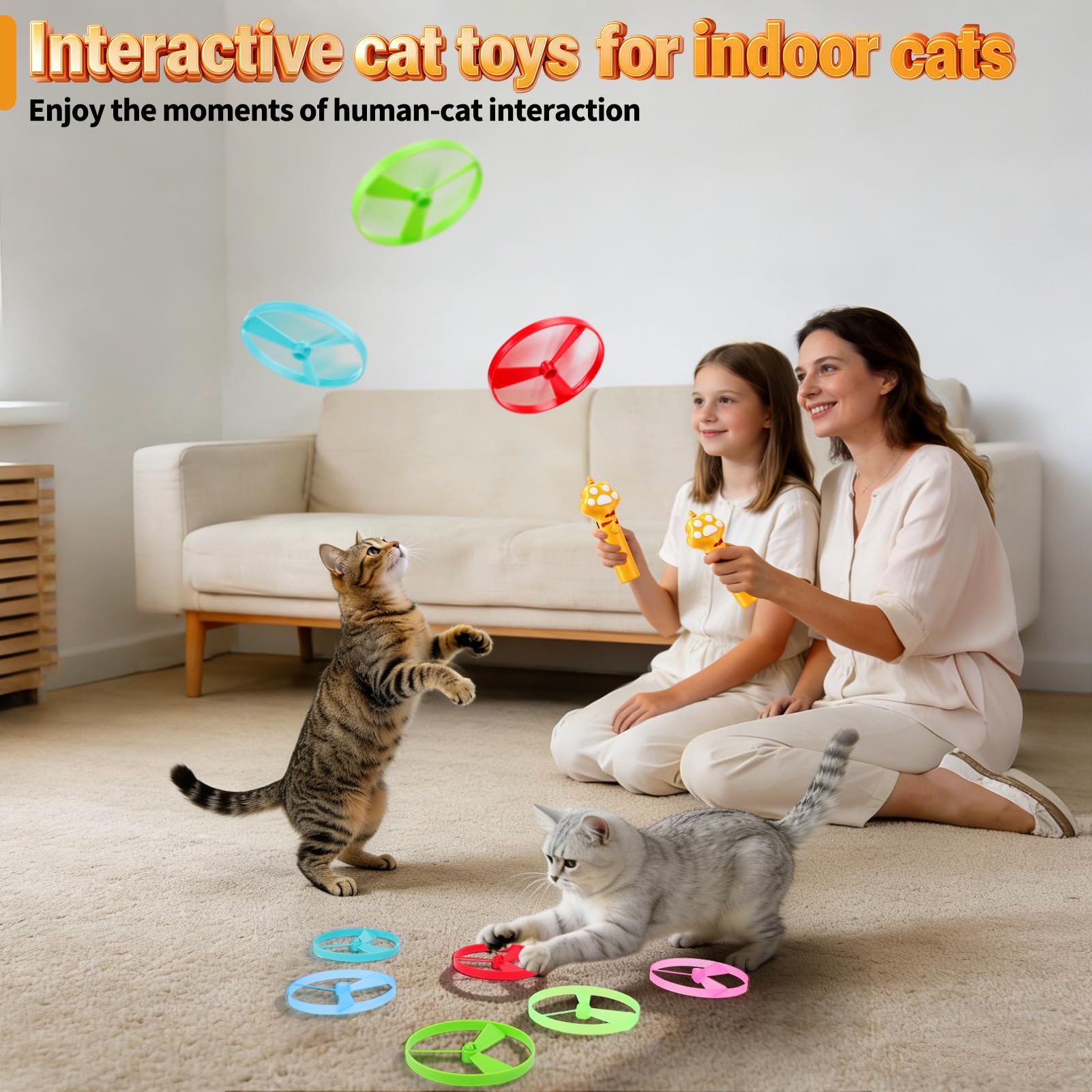 BABORUI Katzenspielzeug Disc Launcher, Wiederaufladbare Interaktive Katze Apportieren Spielzeug Launcher mit 8 fliegenden Scheiben, Fliegende Anreicherung Spielzeug für Indoor Bored Kittens & Adult