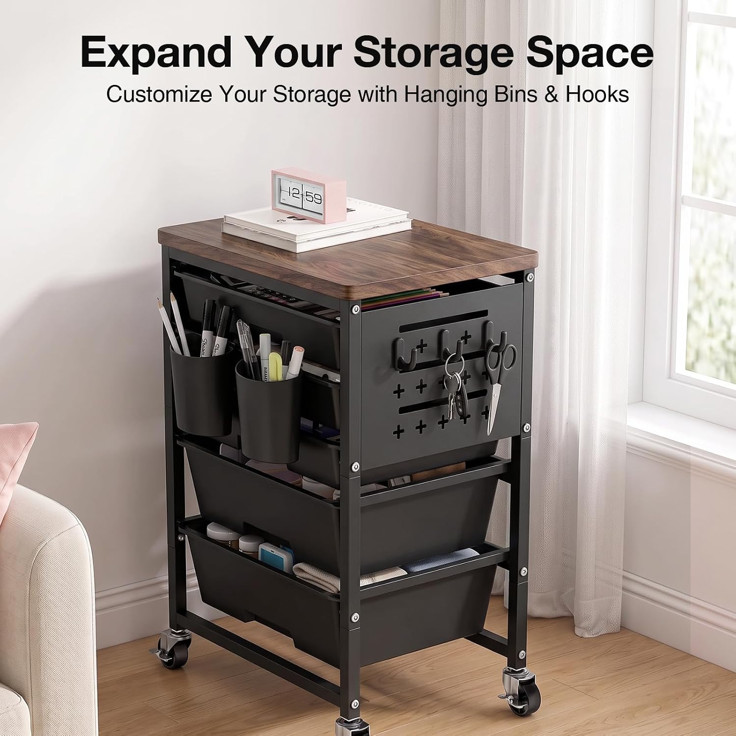 ALVOROG Rolling Storage Cart with 5 Drawers,Pegboards,Wooden Top,Bins,Black image 2