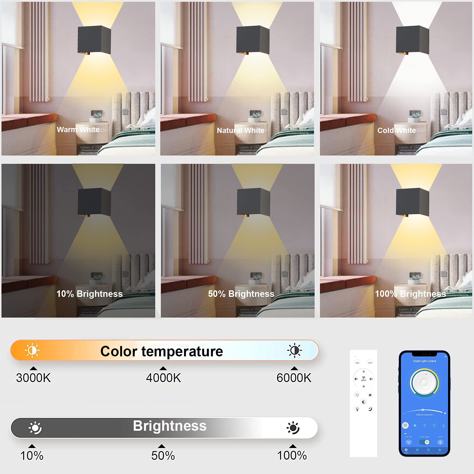 K-Bright Lampada da parete intelligente a 2 pezzi, applique LED dimmerabili, Illuminazione da parete 3000K-6000K con telecomando, angolo del fascio regolabile IP65 per interni/esterni, grigio scuro