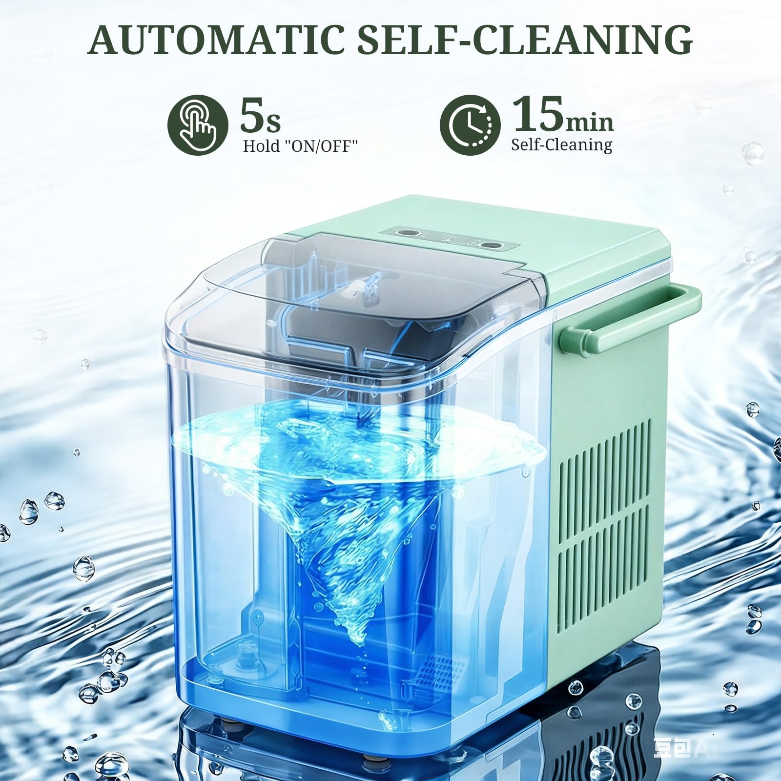 Ice Maker, Portable Ice Makers Countertop With Handle, Basket & Scoop, 26lbs/24hrs, 9 Bullet Ice Cubes In 6 Mins, 2 Ice Sizes, Self-Cleaning, Quiet Compact Ice Machine For Home Kitchen Party, Green on Fridge.com - View 5