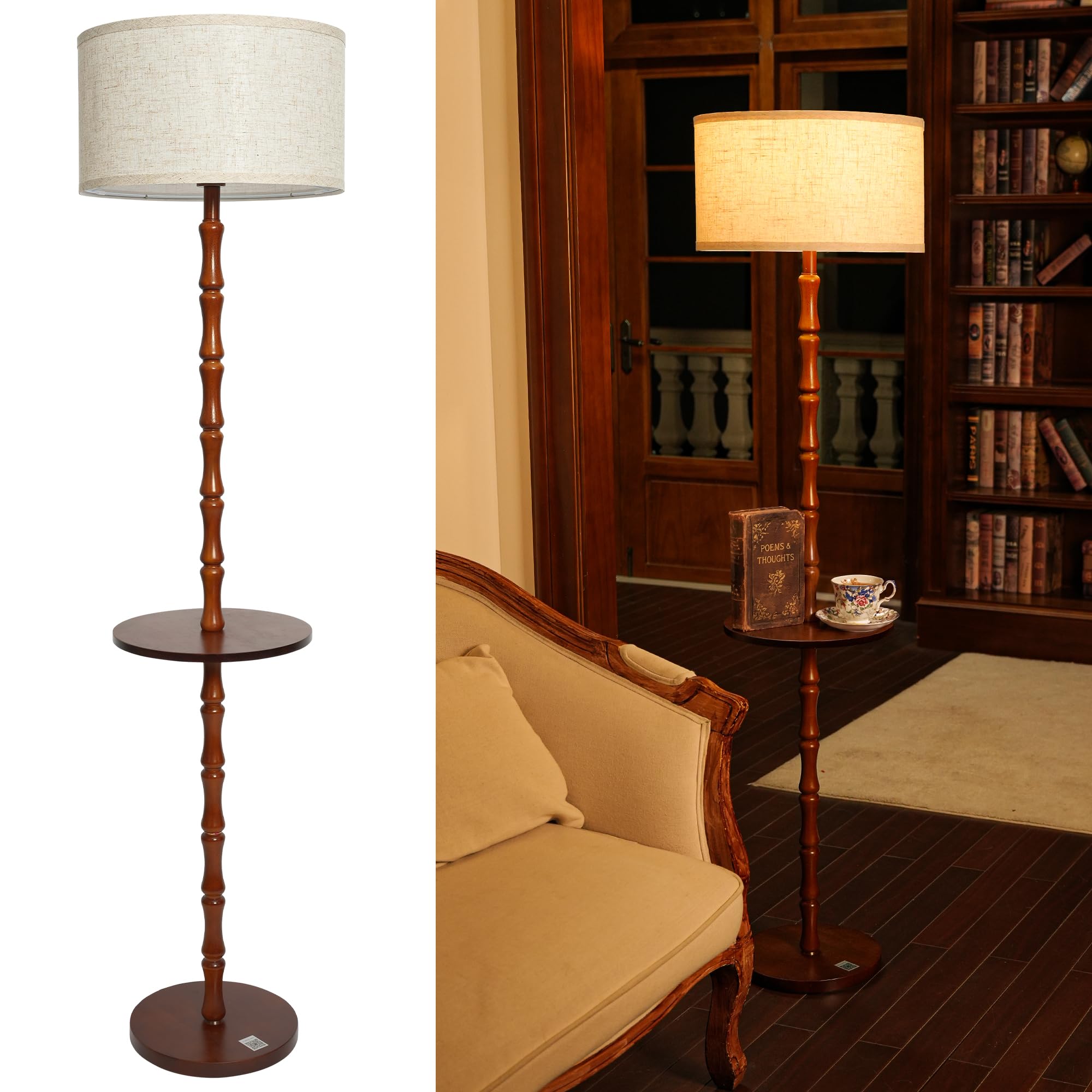 LuminexDesigns Vintage Wooden Floor Lamp Walnut with Shelf, Standing Lamp with Fabric Shade, E27 Tall Lamp, 3 Colour Temperatur Foot Switch, 161cm Standard Lamp for Living Room Bedroom Sofa WOVI FL13