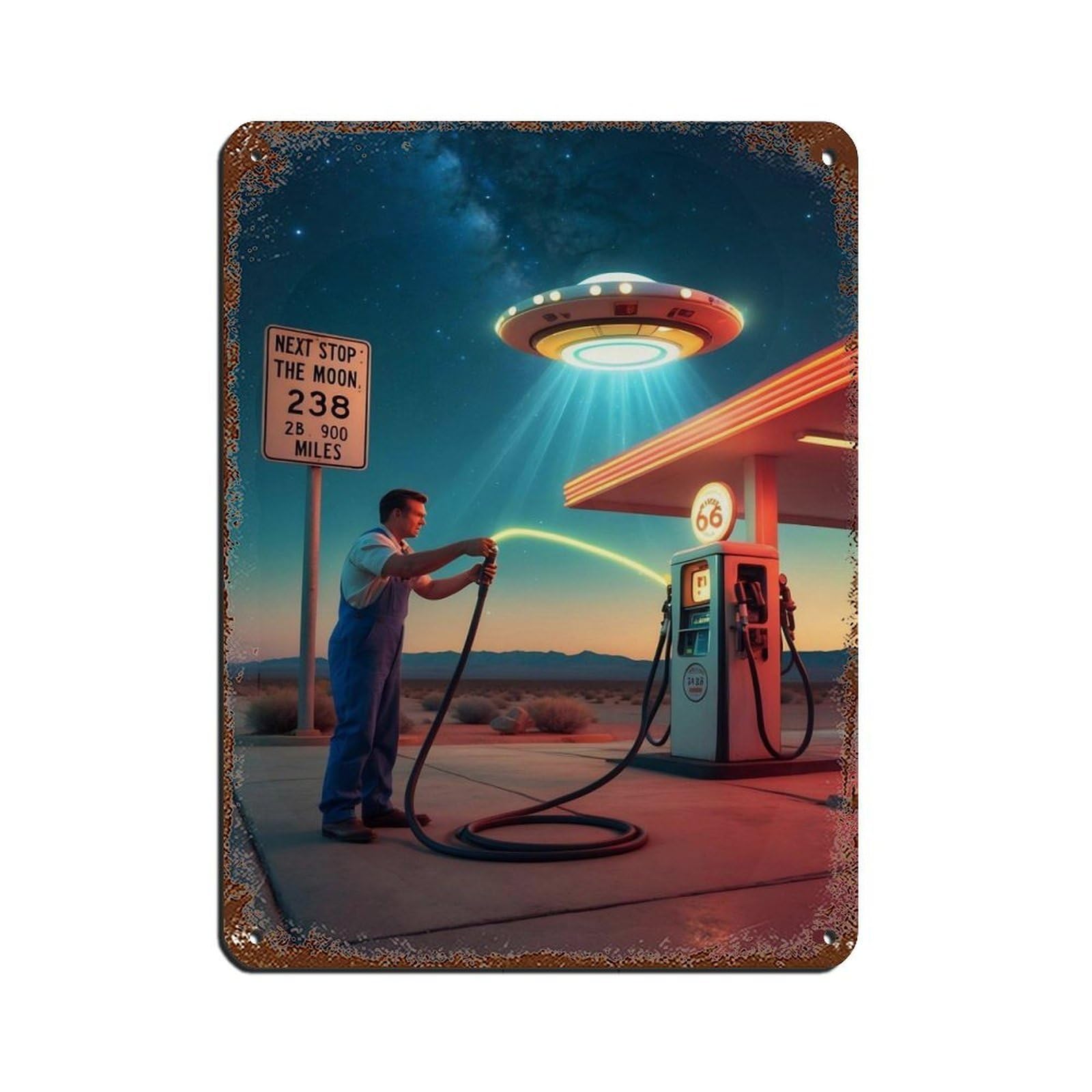 Retro Futuristic Gas Station Retro Poster Metal Tin Sign Chic Art Retro Iron Painting Bar People Cave Cafe Family Garage Poster Wall Decoration 12x16inch(30x40cm)