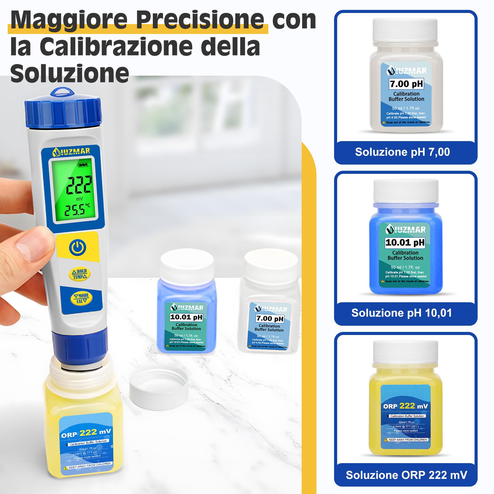 UIUZMAR Misuratore Cloro e Sale per Piscina, Tester Piscina pH e Cloro Digitale, Misuratore Multifunzionale di pH, EC, ORP e TDS Salinità Cloro Residuo per Piscine di Acqua Salata, Acquari, Idroponica