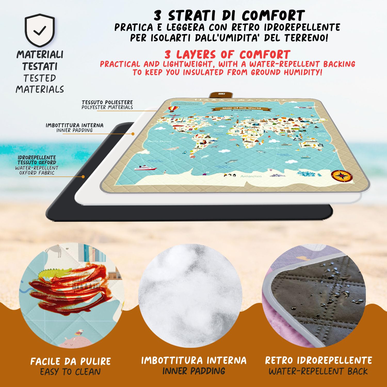 PERLETTI Coperta Pic Nic Impermeabile Bambini 200x200 cm Telo Picnic Grande da Campeggio Spiaggia Pieghevole