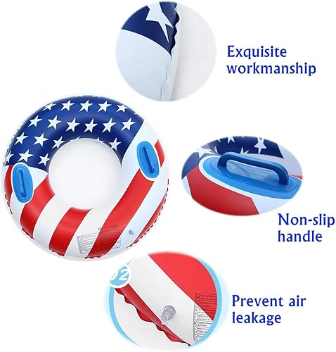 Miniatura 5 de Anillo de natación inflable con asas de 35.4 pulgadas con bandera de EE. UU., flotador de piscina de PVC grueso, anillo flotante grueso de cloruro