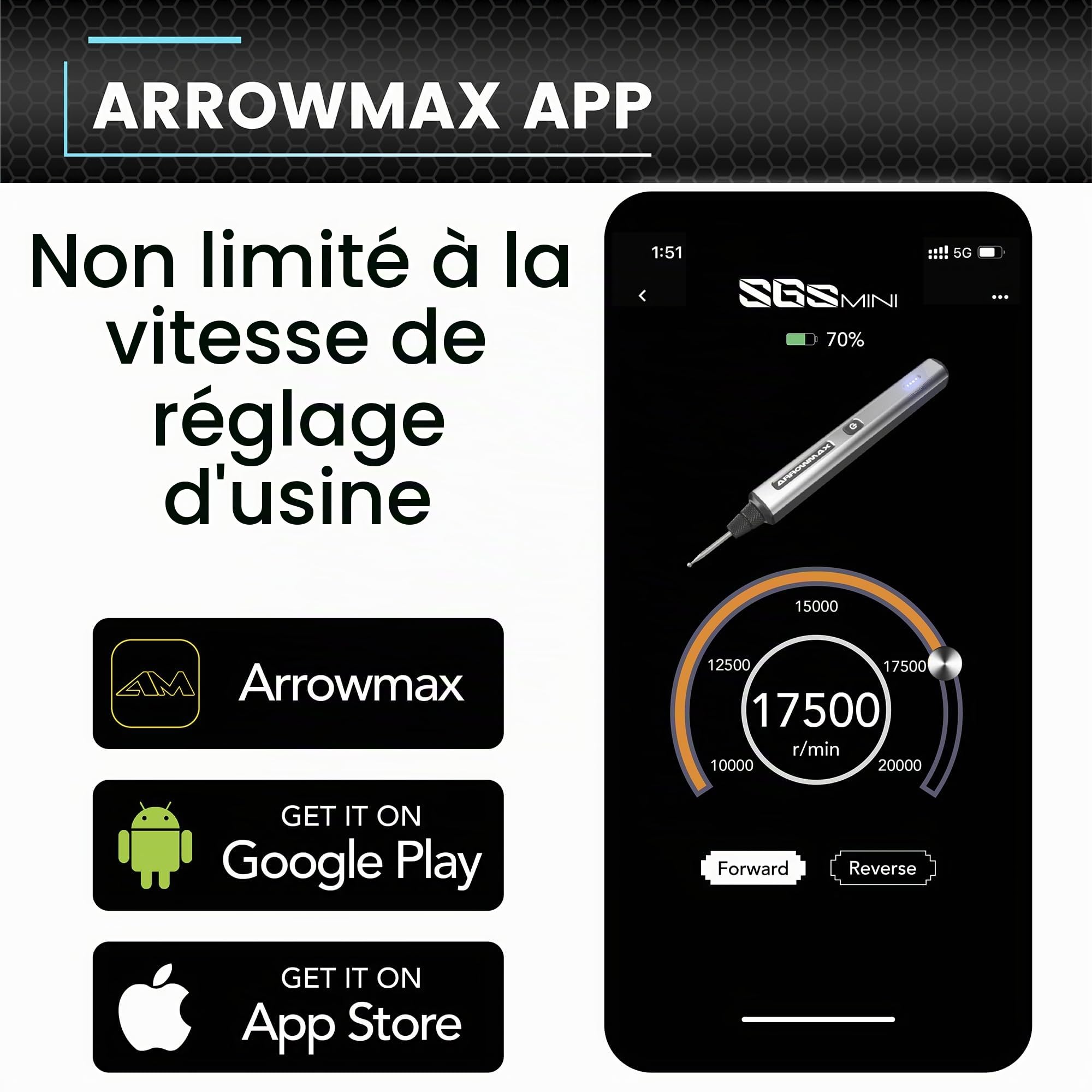 ARROWMAX Stylo de gravure électrique, stylo de polissage avec 36 mors, boîtier en aluminium, Bluetooth, APP, charge magnétique sans fil, machine à graver sans fil pour bijoux (SGS MINI)