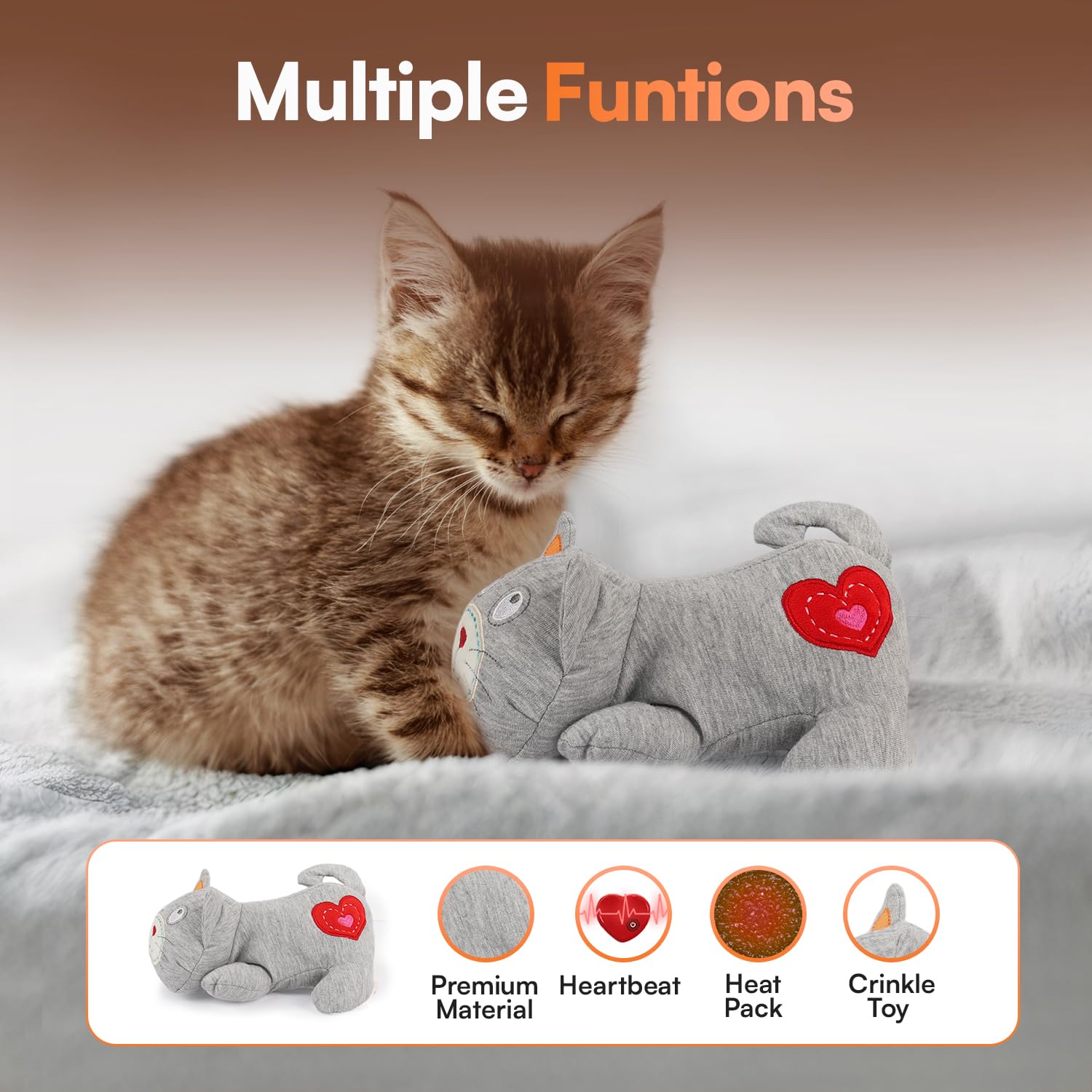 ALL FOR PAWS Peluche a forma di cuore battuto con borsa calda, morbido giocattolo per gattini, giocattolo imbottito per separazione, sollievo dall'ansia e aiuto per il sonno