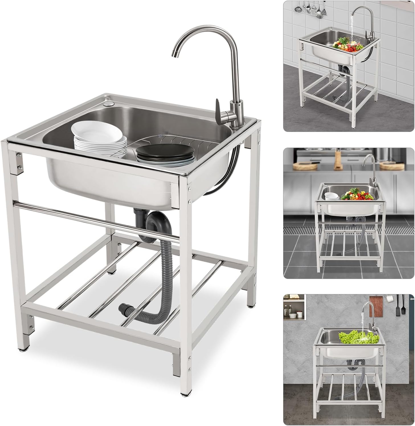 Utility Sink Free Standing Single Bowl Kitchen Sink,Laundry Sink with Cold and Hot Water Pipe,Storage Shelve,Stainless Steel Sink for Laundry Room (23.6 * 17.7 * 29.5in)