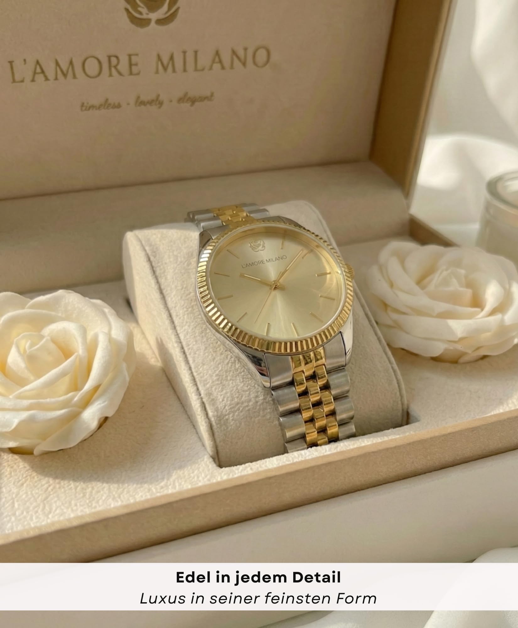 L'AMORE MILANO Damenuhr Weihnachten Frauen - Hochwertige Armbanduhr Damen in Rosenbox - Geschenke für Freundin, Mama - 32mm Damen Uhr Gold
