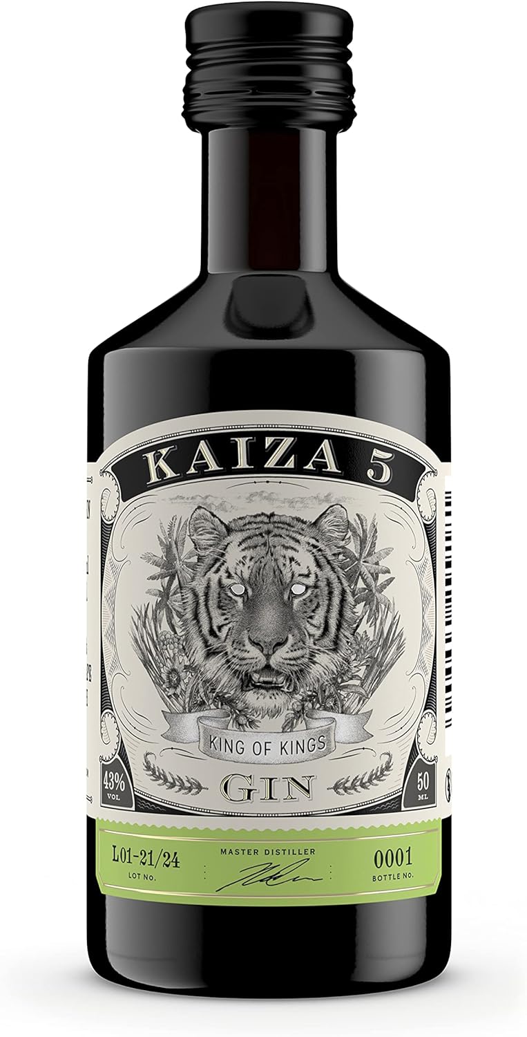 KAIZA 5 GIN - 0,05 l - 43% | Il pluripremiato gin premium del Sudafrica/Città del Capo | Occhi di tigre brillanti | Fresco, morbido ed esotico con ribes nero e pompelmo | Perfetto per un gin tonic 50 ml - Immagine 1