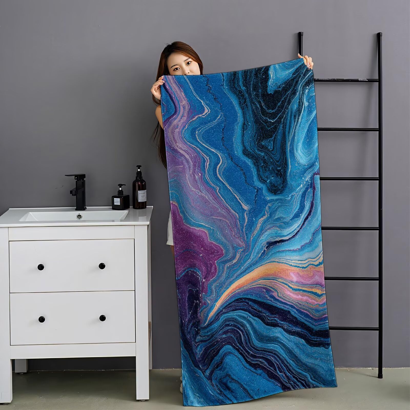 2 szt., bardzo duże 100 x 220 cm, niebieski, szybkoschnący ręcznik z mikrofibry, bez piasku, plażowy, lekki podróżny, kompaktowy ręcznik kempingowy z torbą do przechowywania, chłonny, dla kobiet