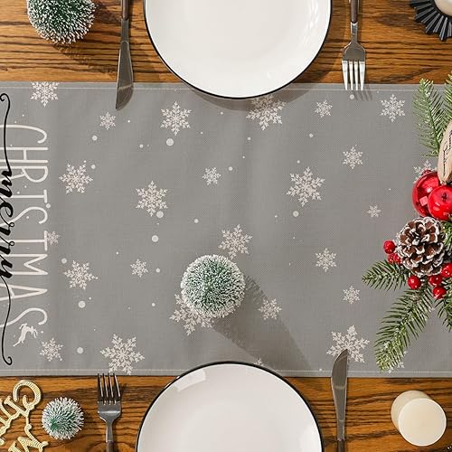 Miniatura 5 de Siilues Camino de mesa de Navidad, decoración de árbol de Navidad en acuarela, copo de nieve, camino de Navidad para mesa, decoración de vacaciones