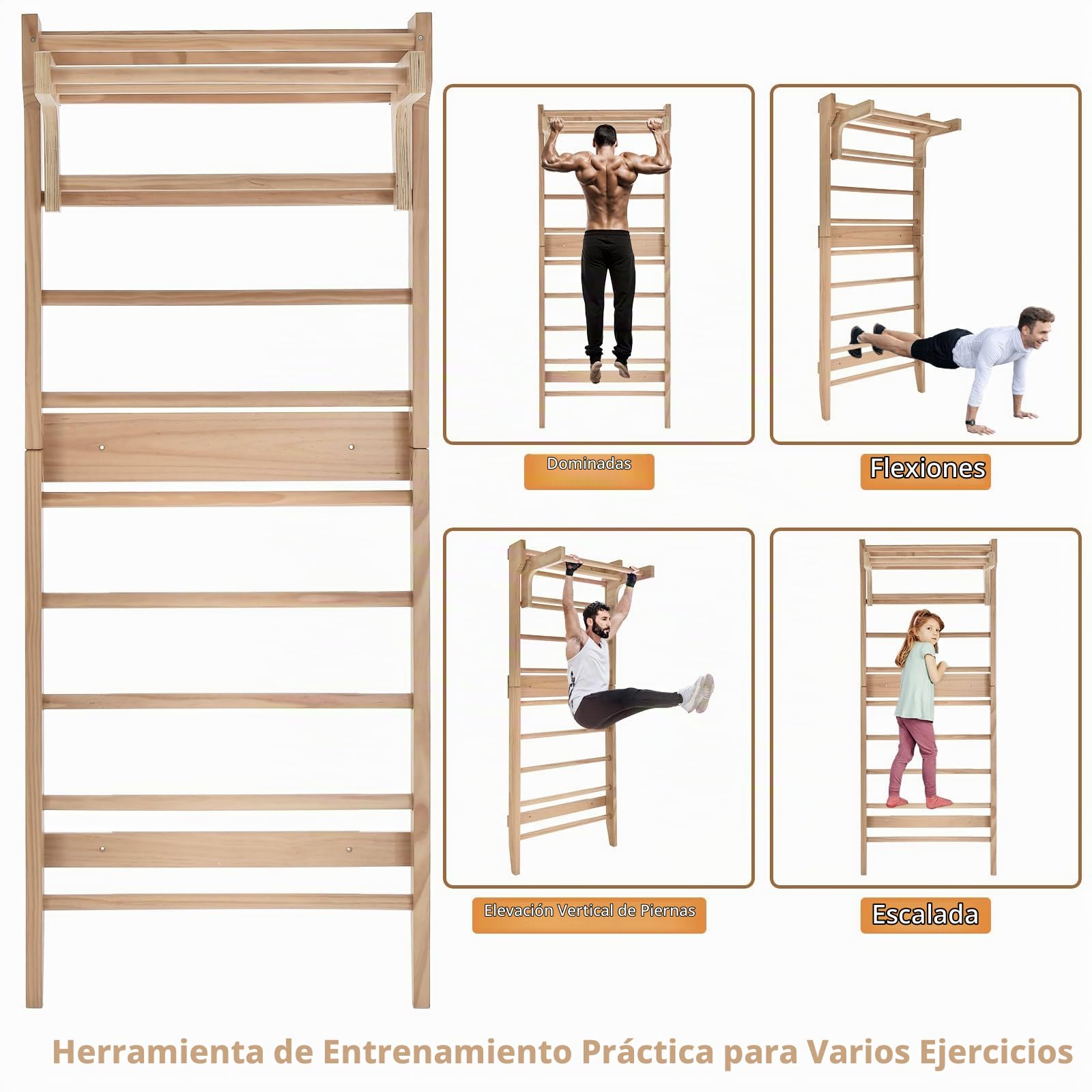 HOMASIS Espaldera de Gimnasio de Madera, Barra Sueca con Travesaño Horizontal Extraíble, Barra para Dominadas de Fitness para Casa para Niños y Adultos, 80 x 48 x 195 cm