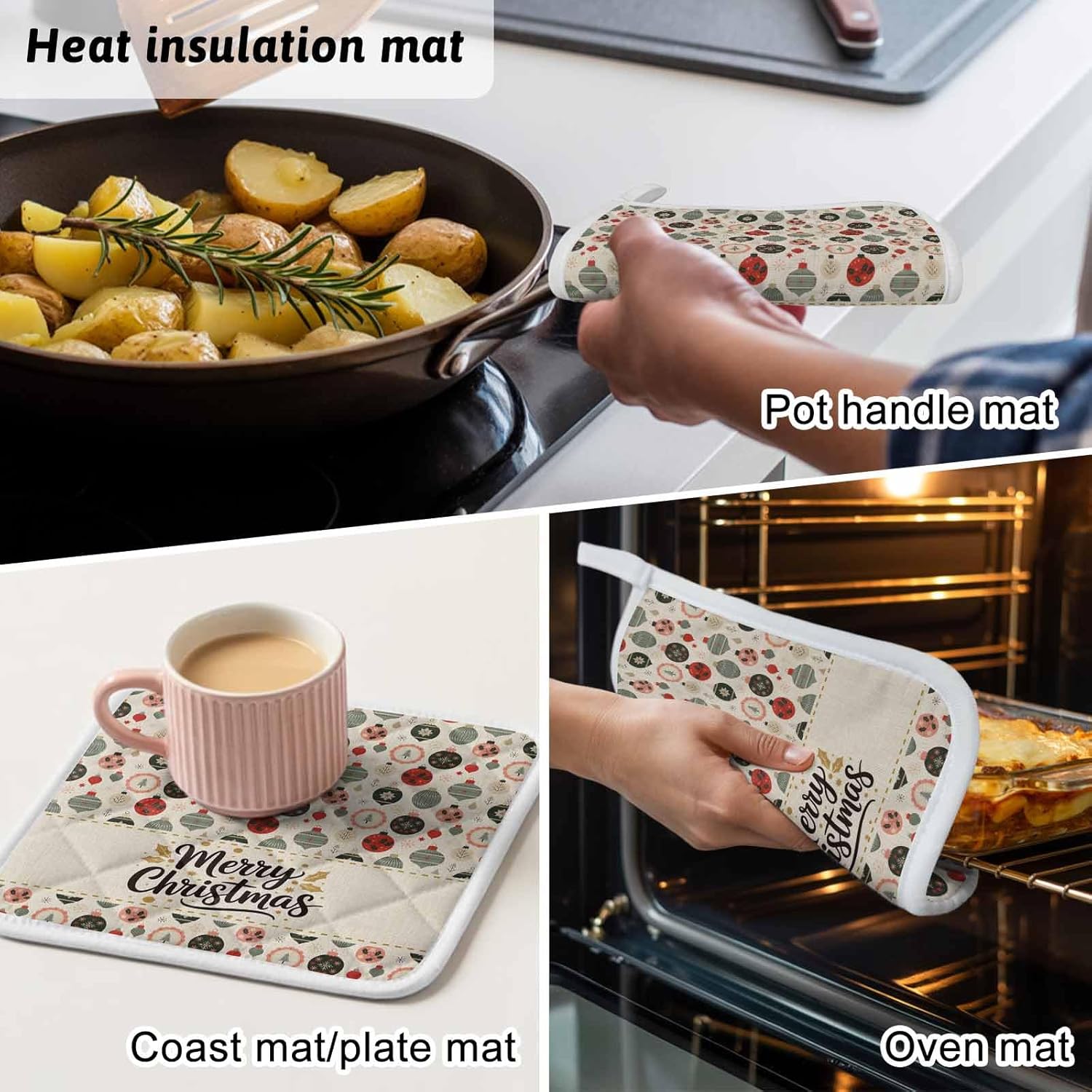 5 Pack Pot Holders for Kitchen, Merry Christmas Hot Pads for Kitchen Countertops Oven Pot Holder Bulk, Retro Winter Watercolor Coloful Ball Heat Insulation Potholders with Hanging Loops