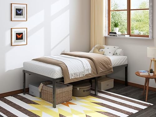 Miniatura 3 de Marco de cama individual de metal, plataforma de metal de 18 pulgadas de alto, tamaño individual con espacio de almacenamiento y listones de