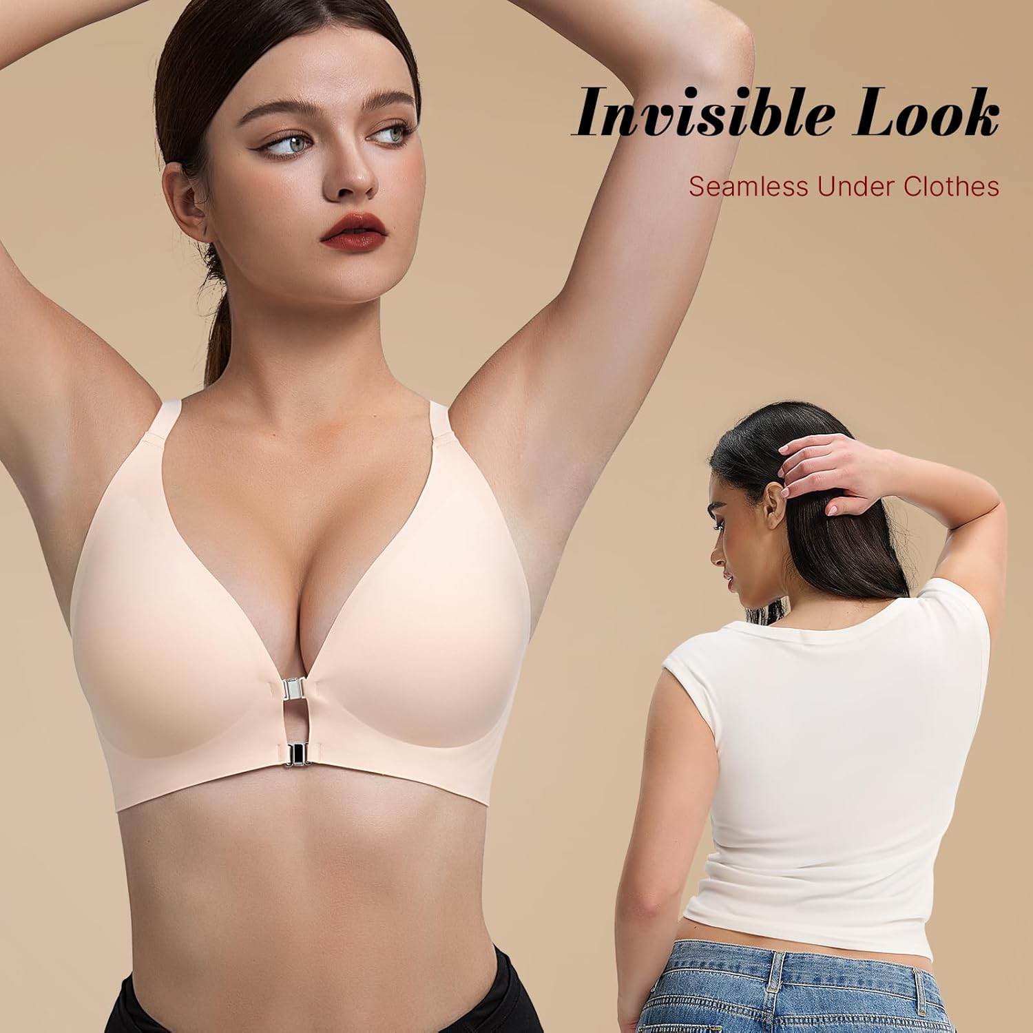 Front Closure Push Up Bra for Women, Seamless Plunge Bra, Wireless Underwire-Free Bralette - Image 4