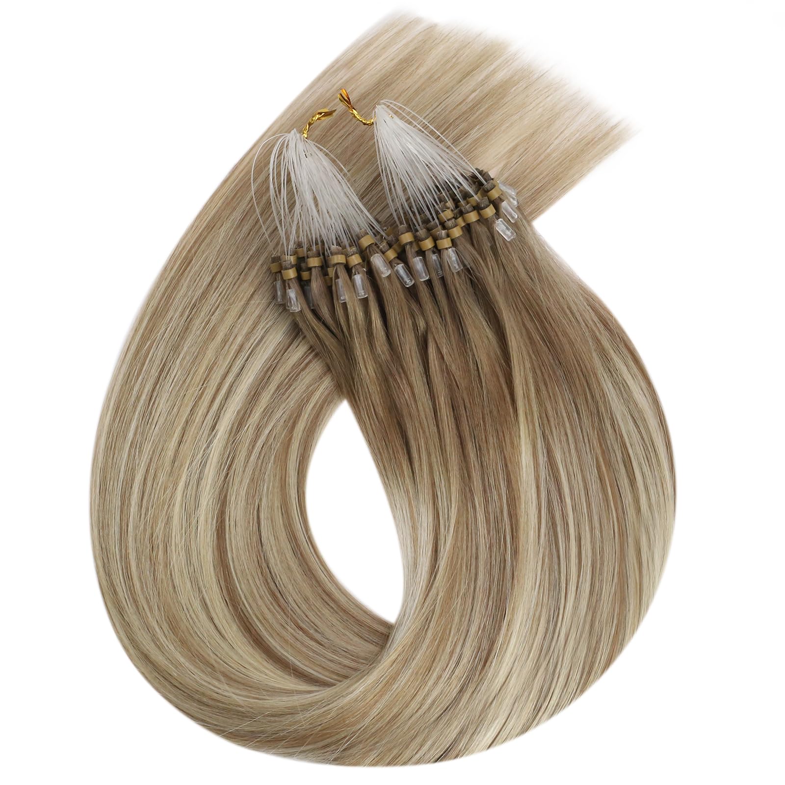 Ugeat Przedłużanie Włosów Mikro Link, Włosy Ludzkie, Balayage Jasny Brąz z Blondem, 45 cm 50 sztuk 50g, Przedłużanie Włosów Mikro Koralik Karmelowym, Remy Proste