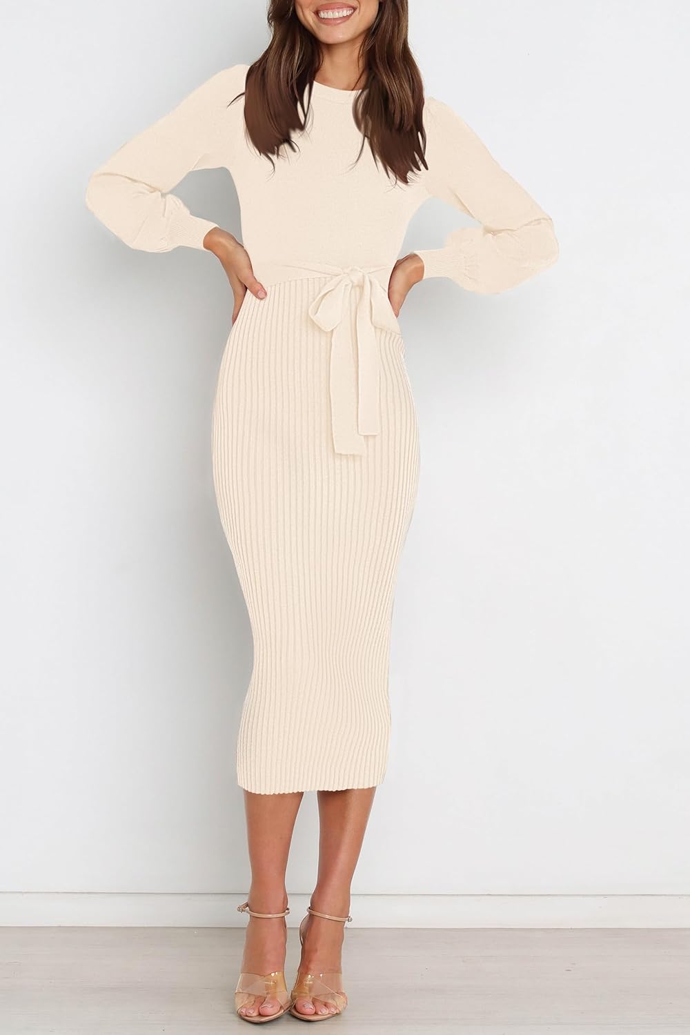 HAEOF Womens 2026 Fall Midi Sweater Dress Winter Puff Long Sleeve Bodycon Ribbed Knit Trendy Business Casual Work Dresses - Image 2