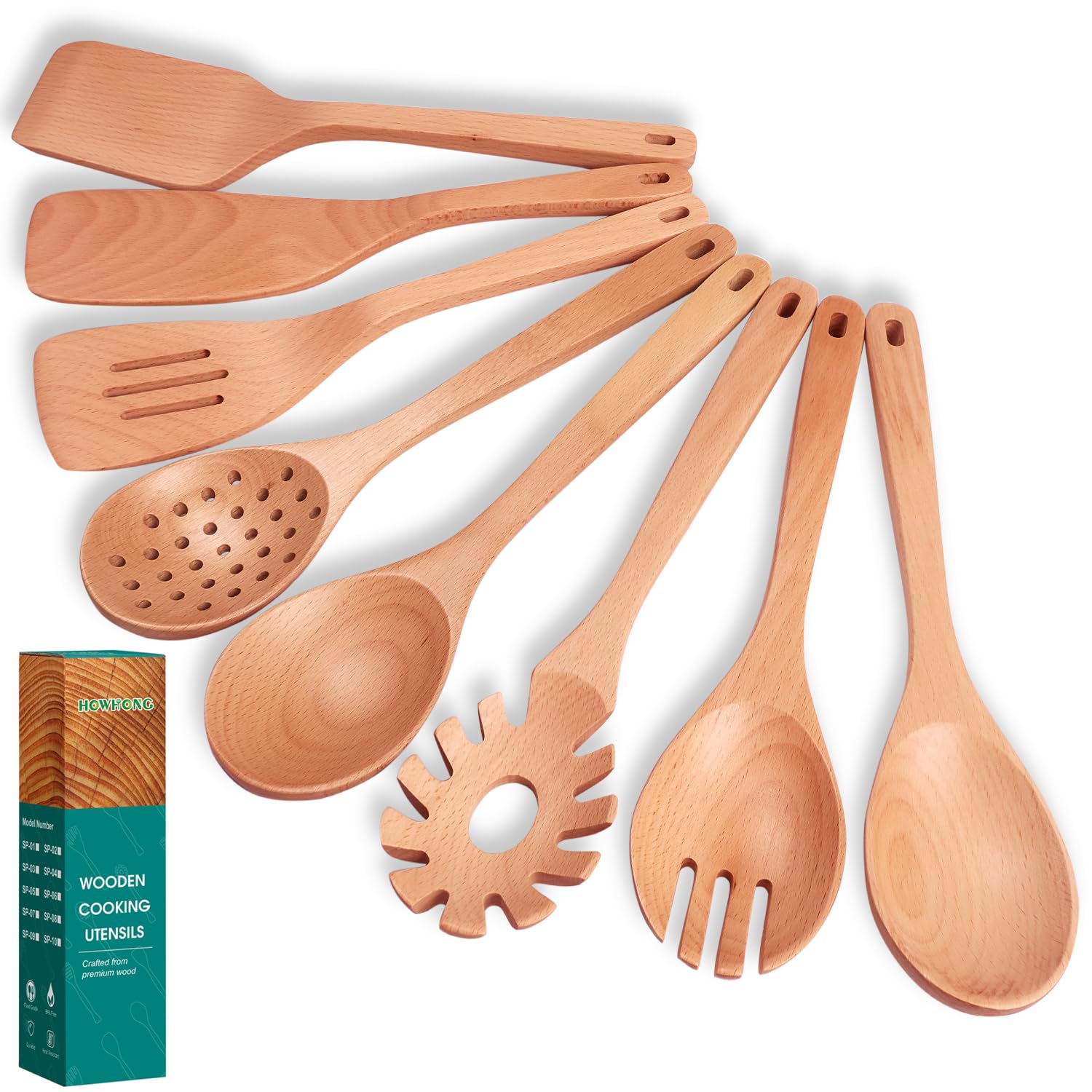Kitchen - Juego de utensilios de cocina de madera de haya de 8 piezas, cucharas de cocina de madera con espátula, skimmer, cuchara de pasta y volteador, herramientas de cocina de madera duraderas