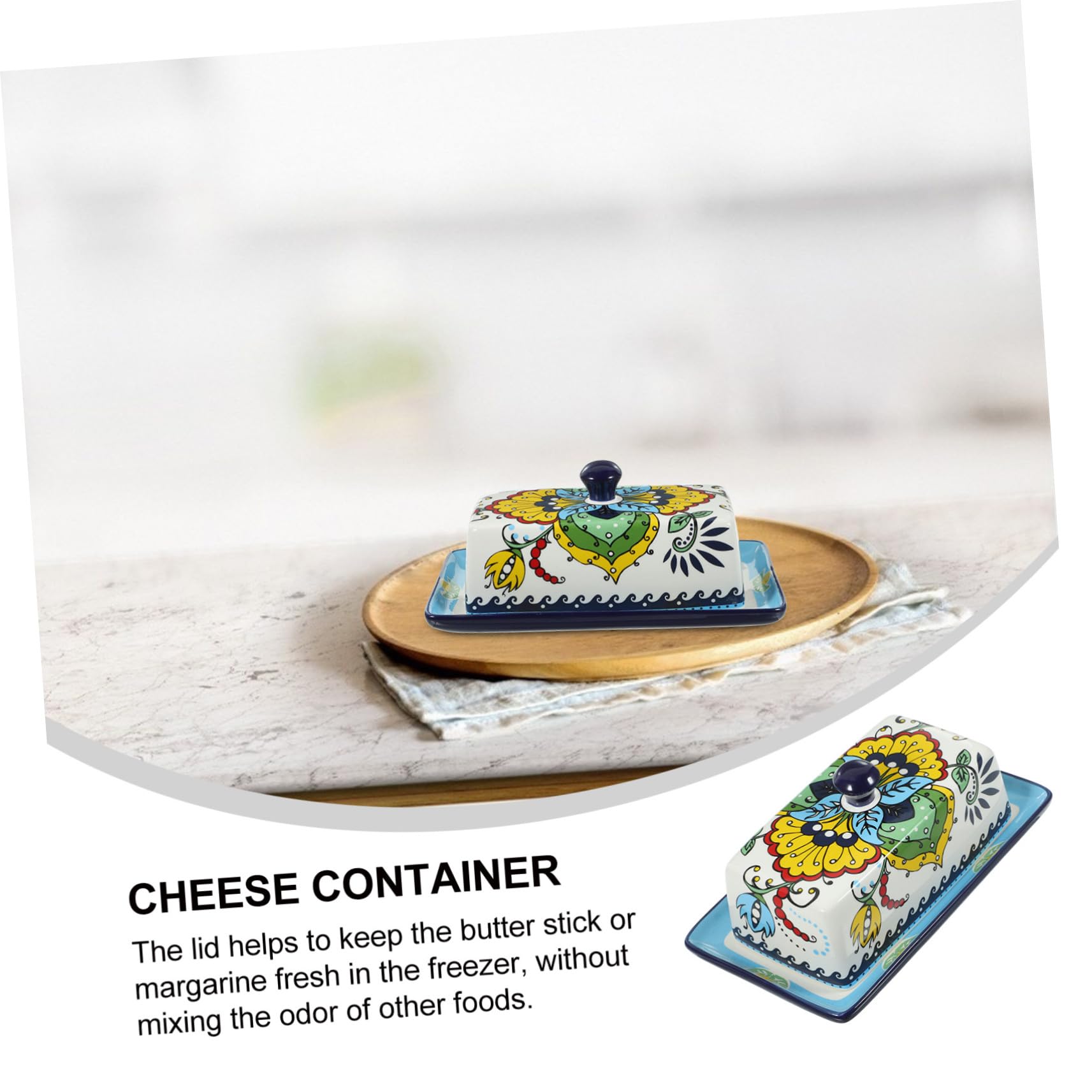 Beurrier en Céramique avec Couvercle Bleu, Style Européen Élégant, Solide Présentation à Table Présent Raffiné
