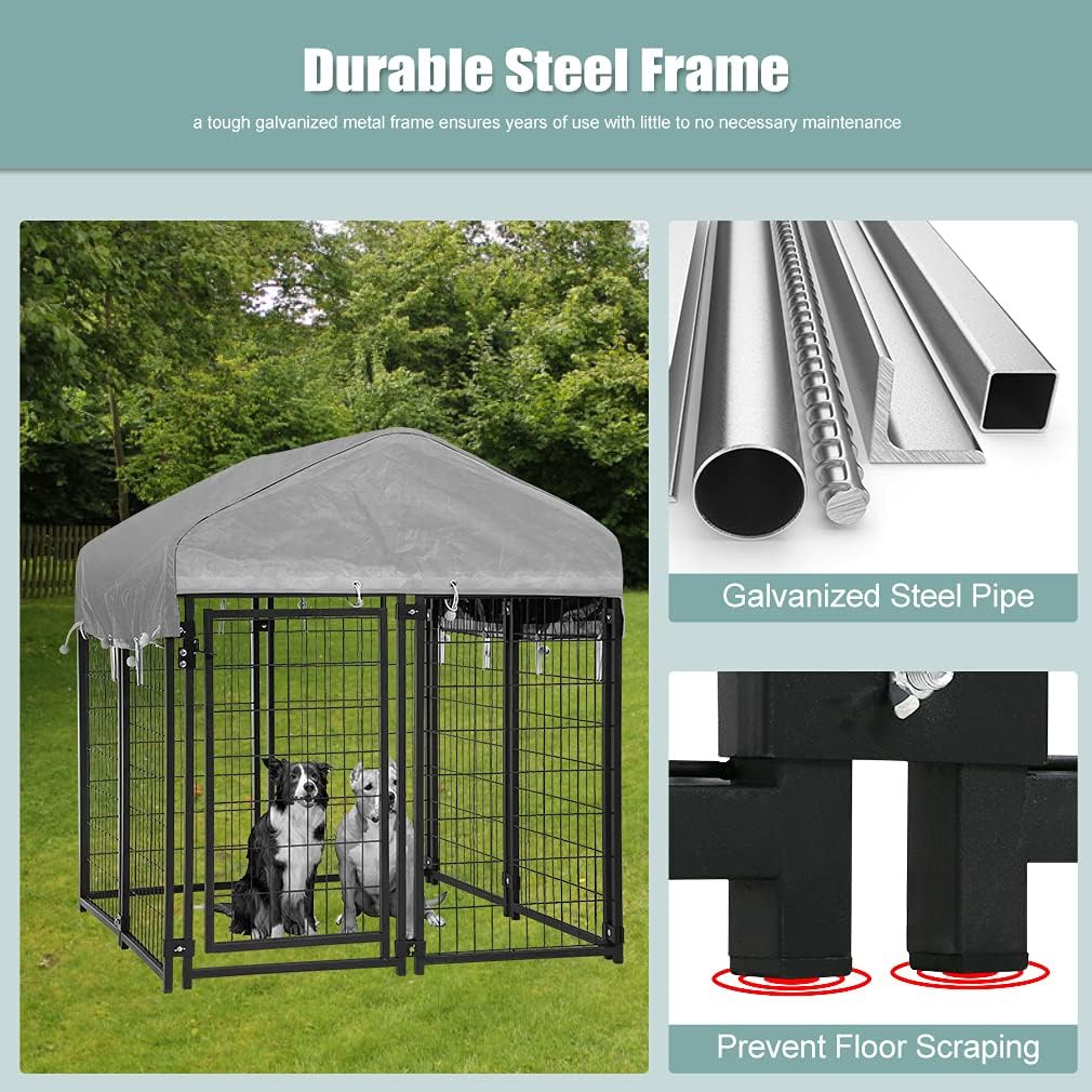 Large Dog Kennel Dog Crate Cage, Extra Large Welded Wire Pet Playpen with UV Protection Waterproof Cover and Roof Outdoor Heavy Duty Galvanized Metal Animal Pet Enclosure for Outside, 4 x 4 x 4.3 Feet