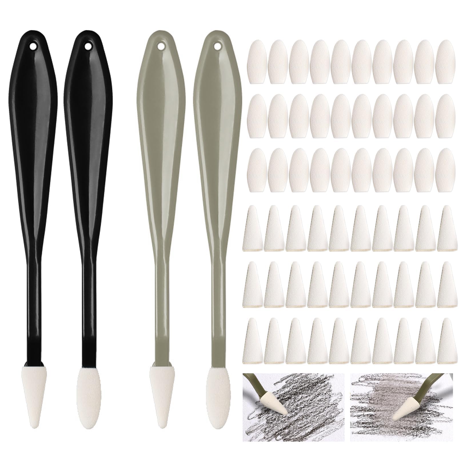 64 Piece Blending Stumps,Washable Oil Pastel Blending Tools with 60 Pcs Sponge Heads,Sketch Drawing Tools,Blendings Sticks for Art,for Students,Artists,Detail Painting(Gray, Black)