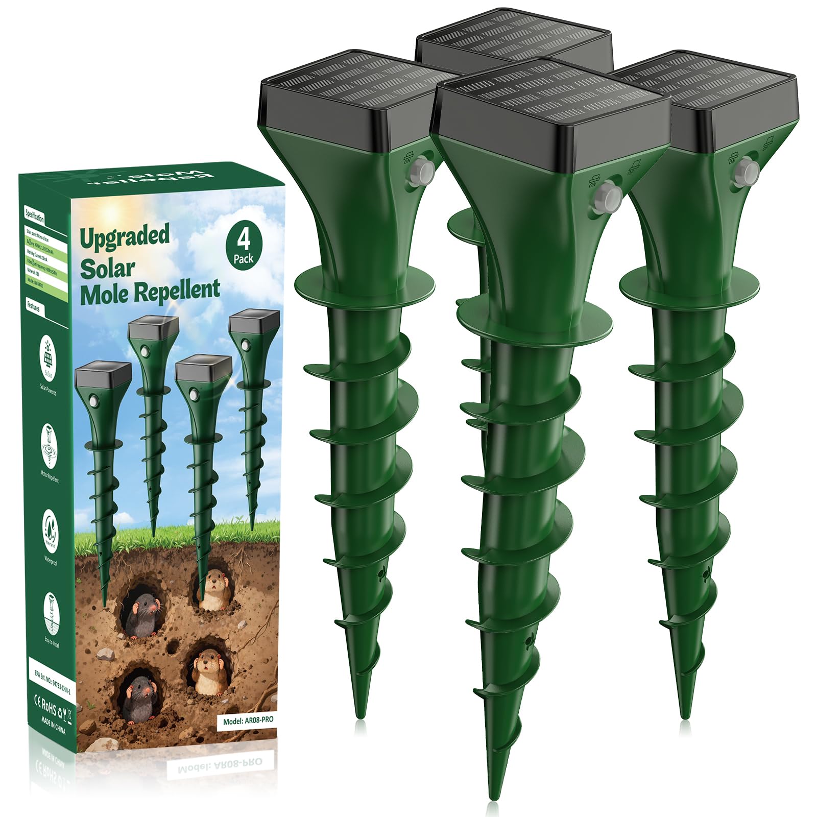 Wühlmausschreck Solar 4 Stück, Maulwurfschreck Solar für Vertreibung von Maulwürfen, Erdhörnchen, Wühlmäusen aus Gärten, Wasserdicht IP65-Grün