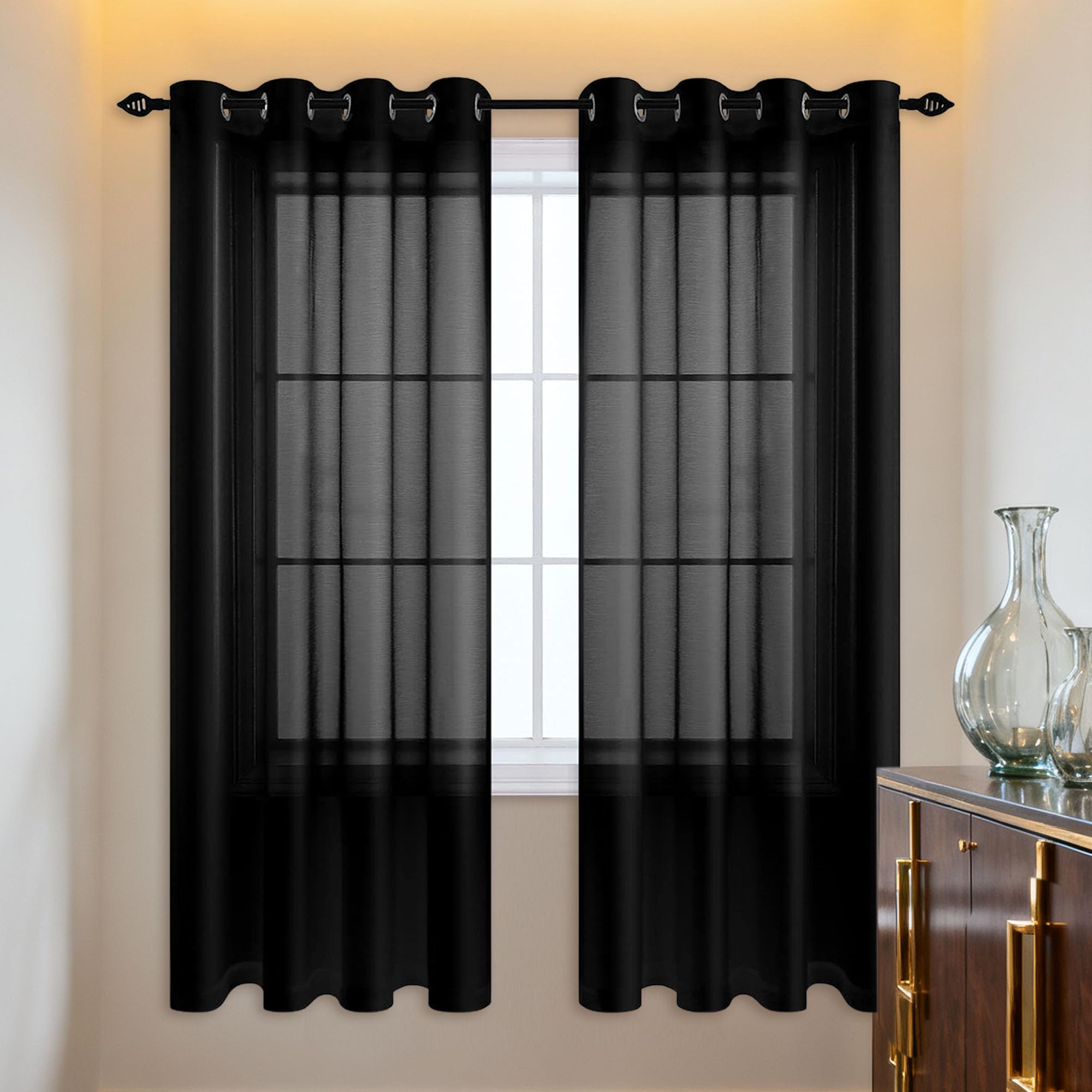 Rideaux voilages oeillets 180x180 cm noirs transparents anti-froid pour grand salon
