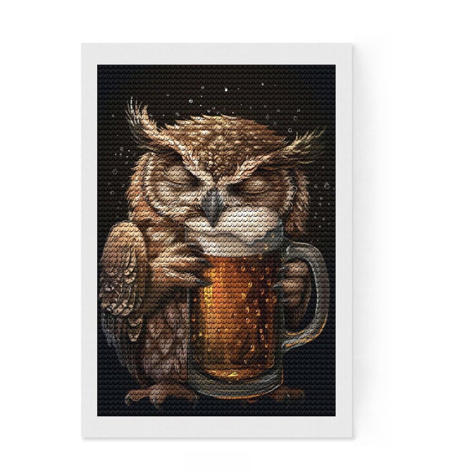 Junmoney Owl Beer Diamond Painting Set 8"x12", Farmhouse Decor, Modern Decor, Full Kit Included, Creative Gift Idea, Adhesive Canvas