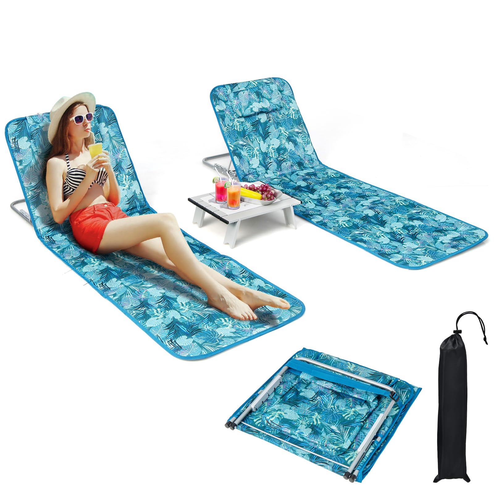 GIANTEX Zestaw 2 składanych materacy plażowych i stolika bocznego, 5-pozycyjne regulowane leżaki plażowe ze zdejmowanym zagłówkiem, kieszenią do ogrodu, na plażę, kemping (zielony)