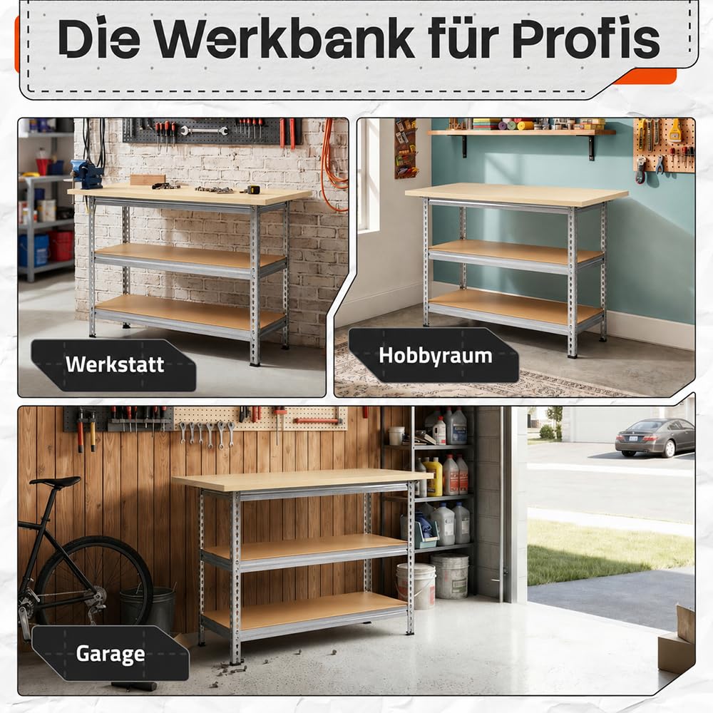 Ondis24 Werkbank Uwe 120cm Metallregal und Werktisch mit höhenverstellbaren Einlegeböden Packtisch verzinkt 92cm Arbeitshöhe mit Buchenarbeitsplatte (Melamin)