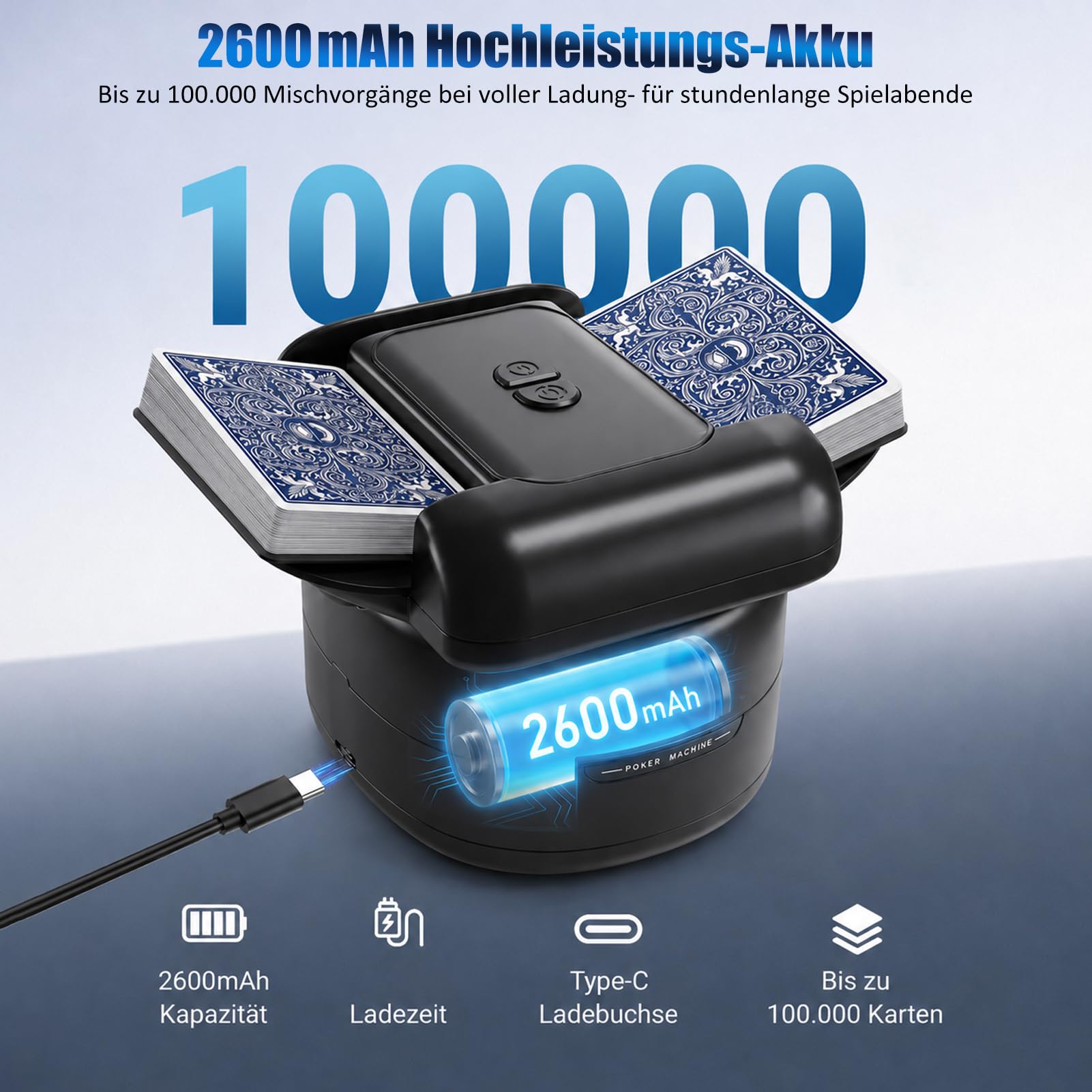 Miscelatore di carte elettrico, mixer automatico per carte, USB con batteria da 2600 mAh, mixer per 1-4 mazzi di poker, shuffler per UNO, nero