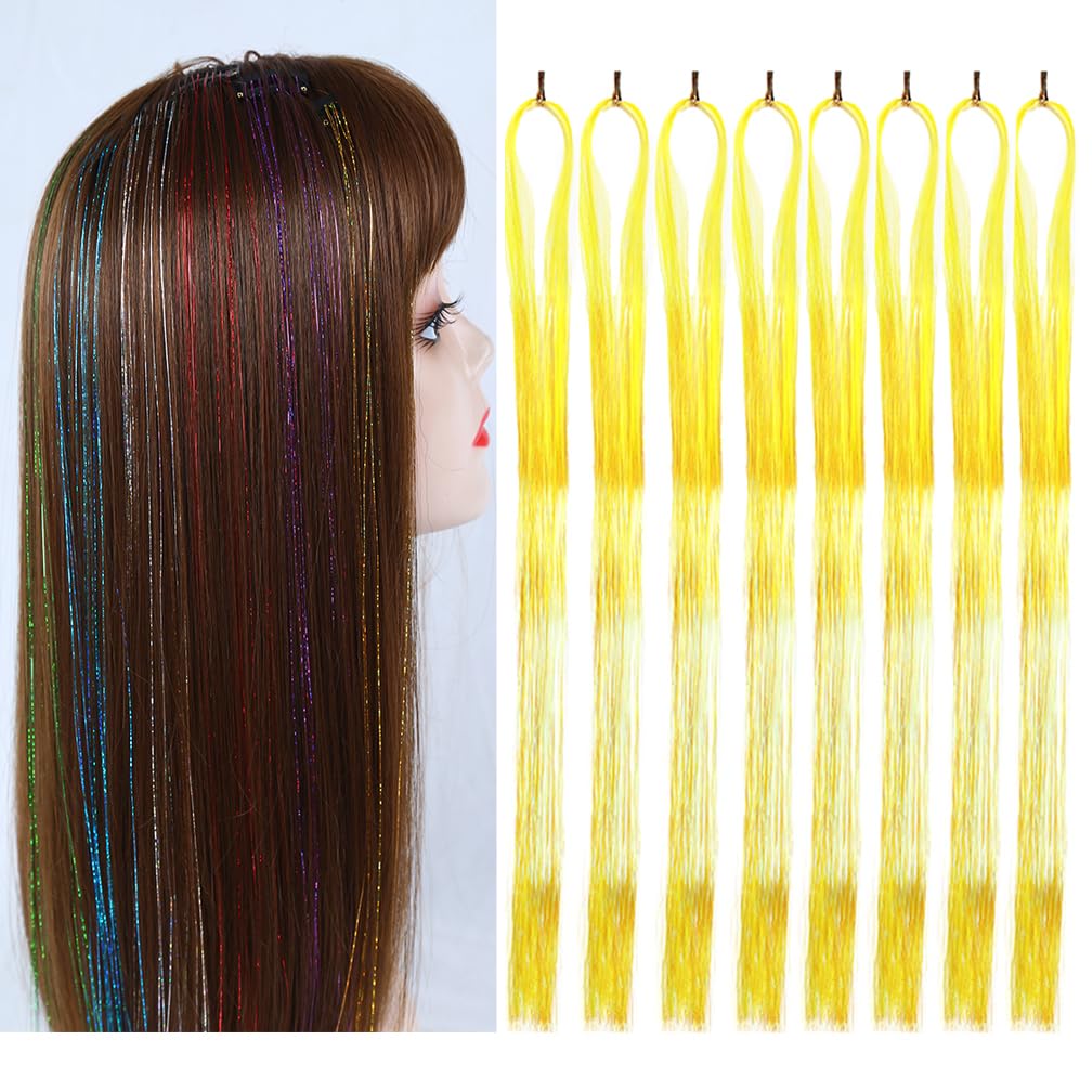 View 1 of Hair Tinsel Extensions Yellow 44 Inch Glitter Tinsel Hair Kit Sparkling Fairy Hair Accessories for Women Kids Girls 8 Pcs 200 Strands/PcsX004D055YF