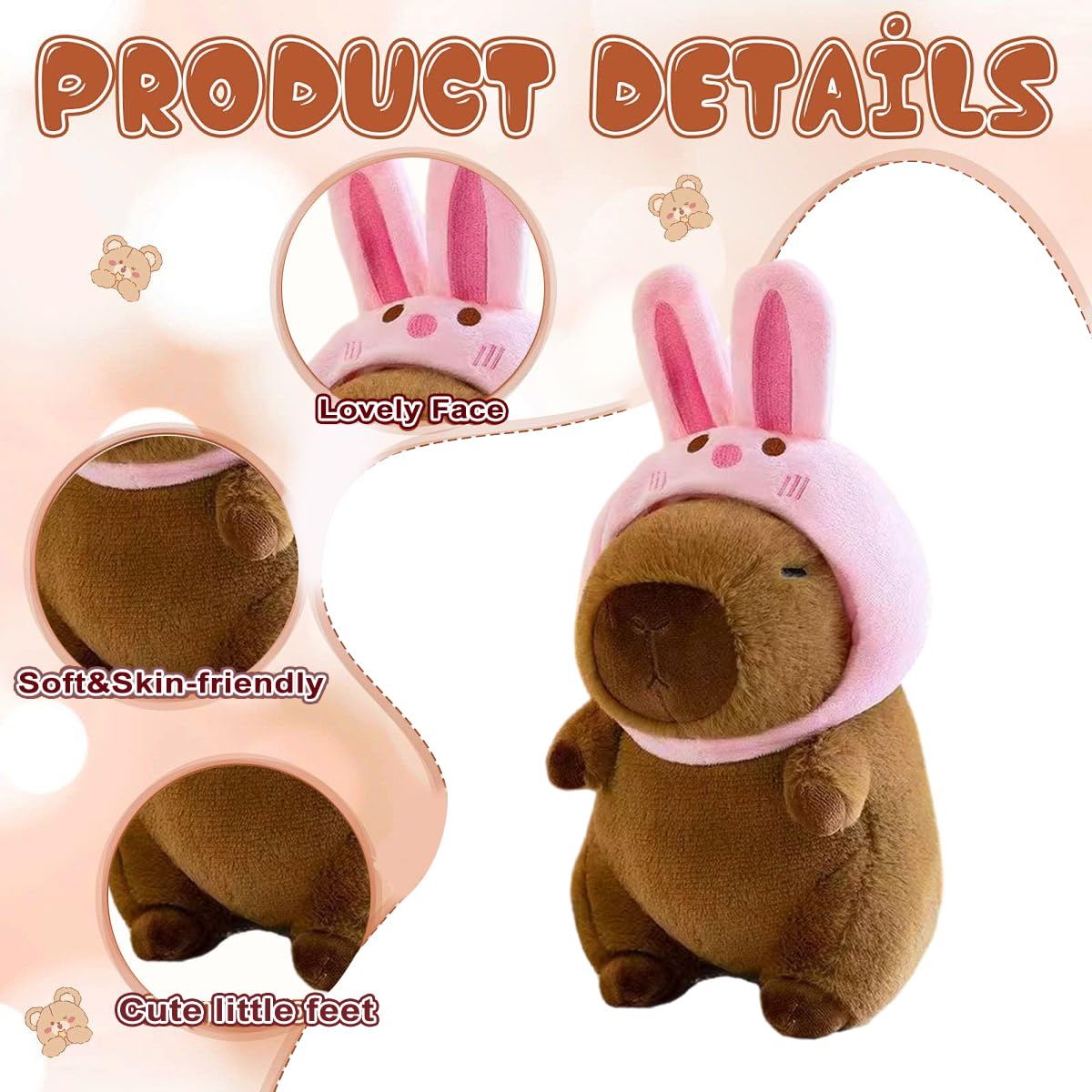 ZPSOSPZ Capybara Plush Toy, Capybara with Bunny Hat, Animal Stuffed Toy, Simulation Soft Toy, Pink & Beige Crossbody Bags, Cute Soft Stuffed Animal Gift For Kids Girls Boys, 25 cm - Image 4