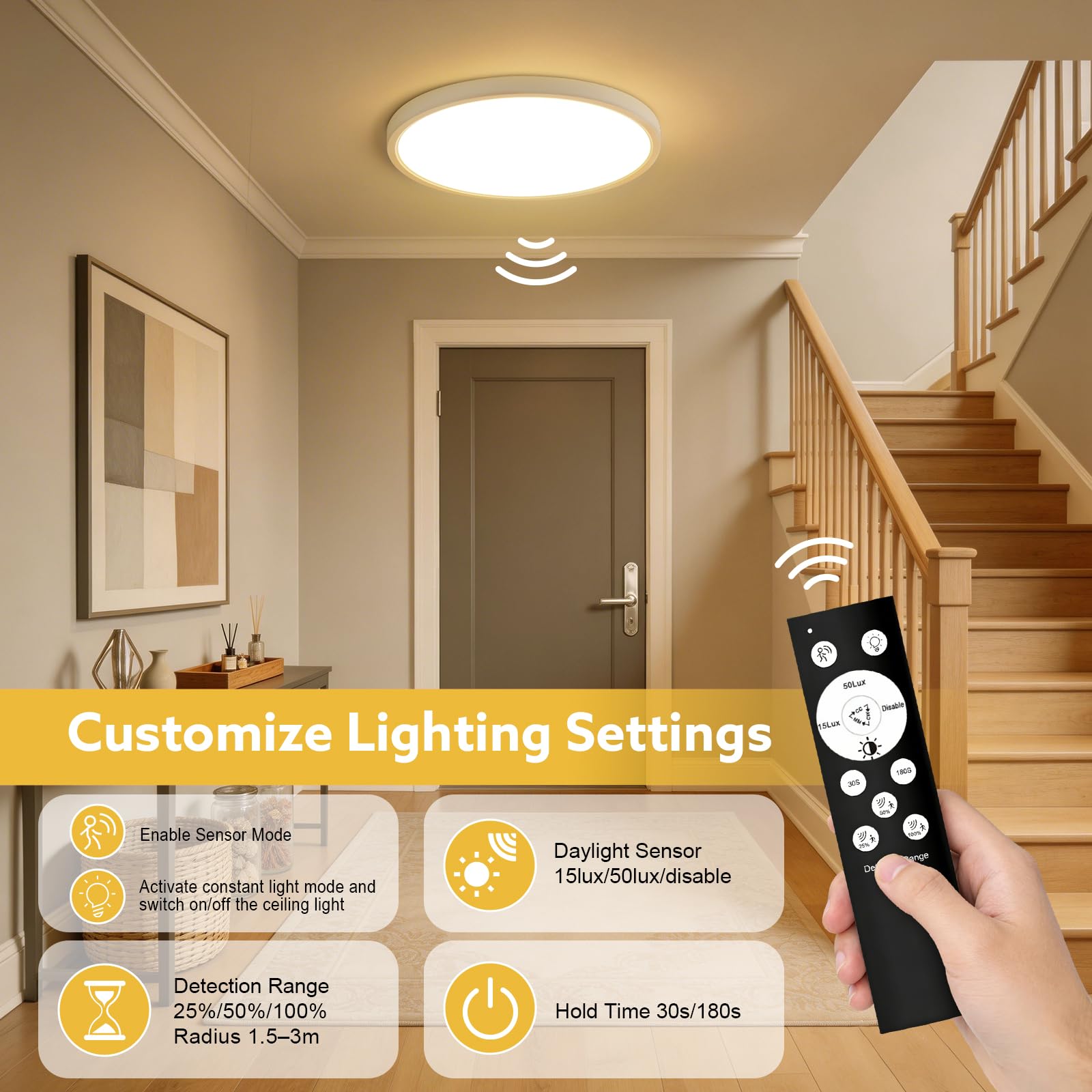 28W Lampada con Sensore di Movimento, 2800LM Plafoniera Dimmerabile con Telecomando, Luce led con Sensore Crepuscolare, IP54 3000K Lampada da Soffitto Luci per Scala Balcone Bagno, 30cm