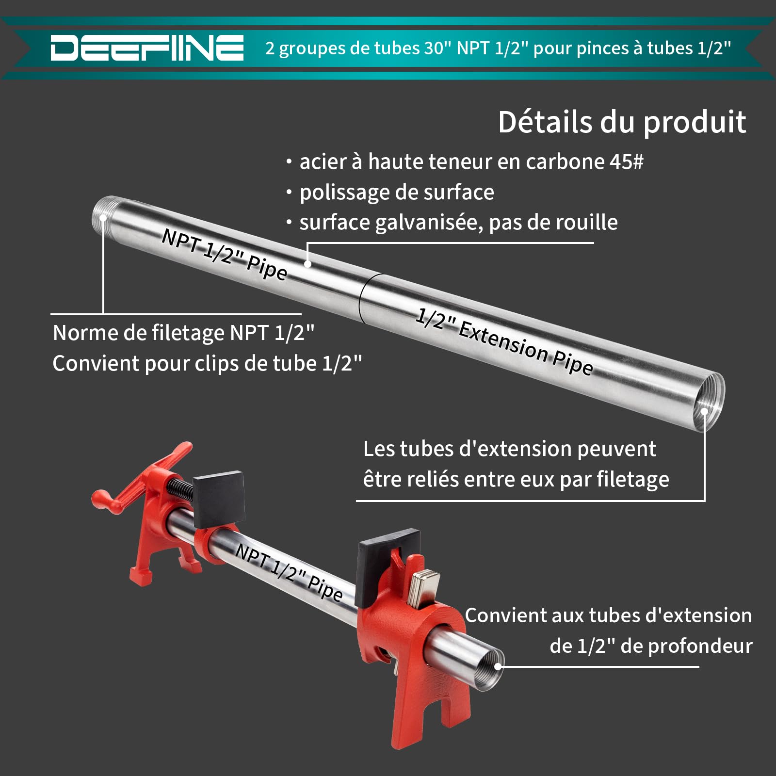 2 pièces 38CM 1/2 pouces mâle carte manchon Casting tube de tuyauterie en acier inoxydable avec tuyau d'extension de 38CM