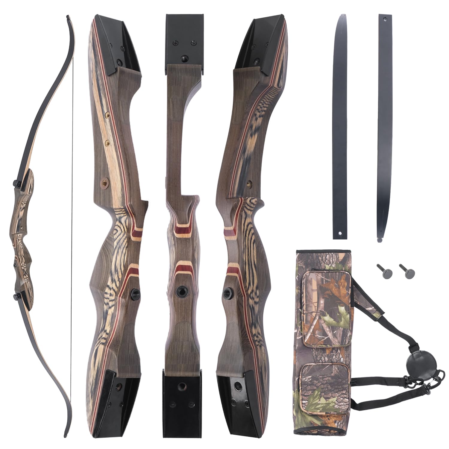 Recurved Wooden Takedown Archery Bow 62" Hunting Bow - Arrows Quiver Bag and Bow Stringer Tool Included - Right & Left-Handed 25-55 LBS Draw Weight