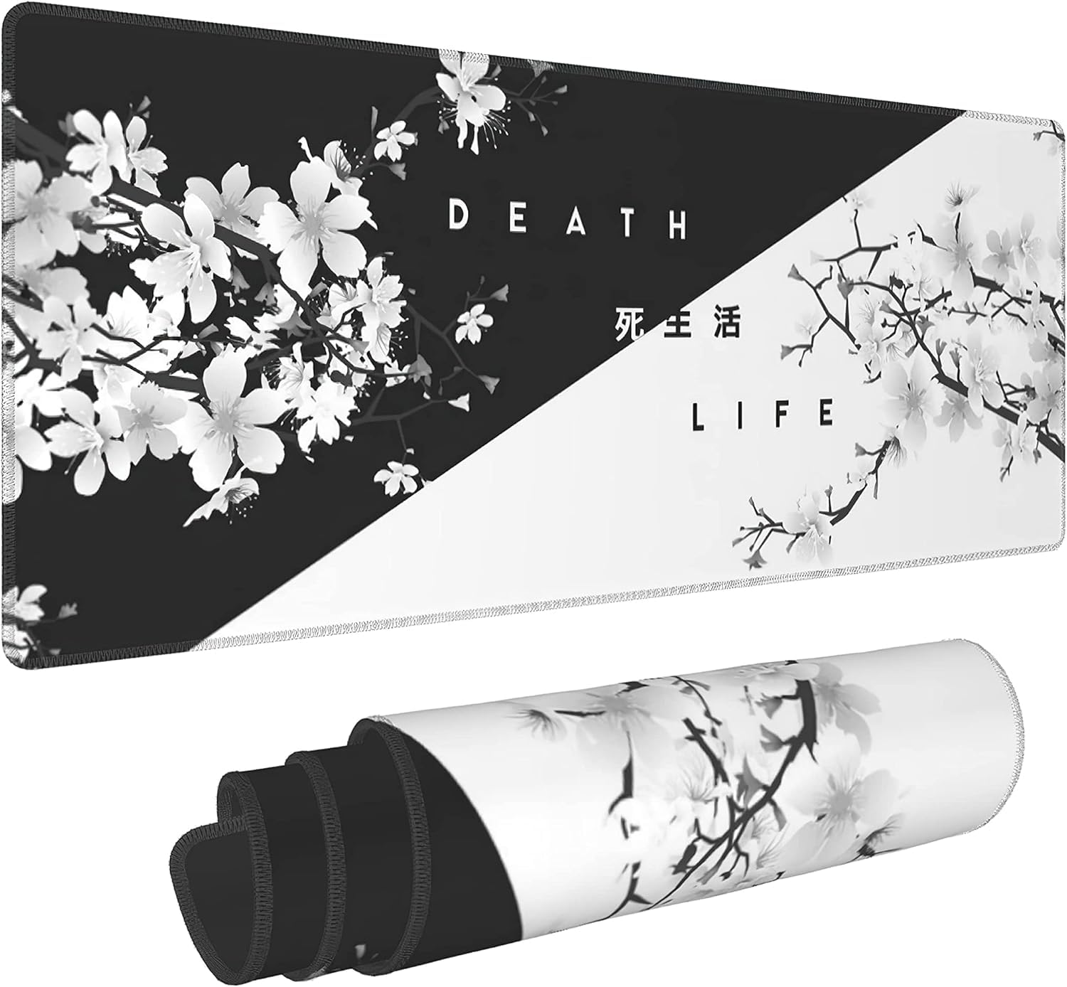 Black White Cherry Blossom Mouse Pad Japanese Sakura Death Life Extended Desk Mat 80X30 cm Non-Slip Rubber Base Stitched Edge Large XL Playmat for Gaming Laptop Computer PC Desktop,31.5×11.8 Inch