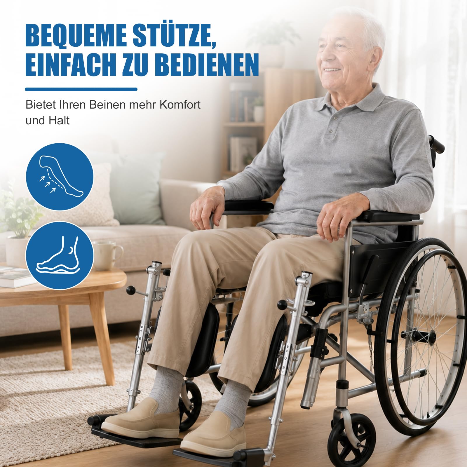 Zestaw 2 regulowanych podnóżków do wózków inwalidzkich, regulacja wysokości 40-47 cm, regulacja kąta 90° – 180°, do większości komponentów wózków inwalidzkich i pracowników opieki