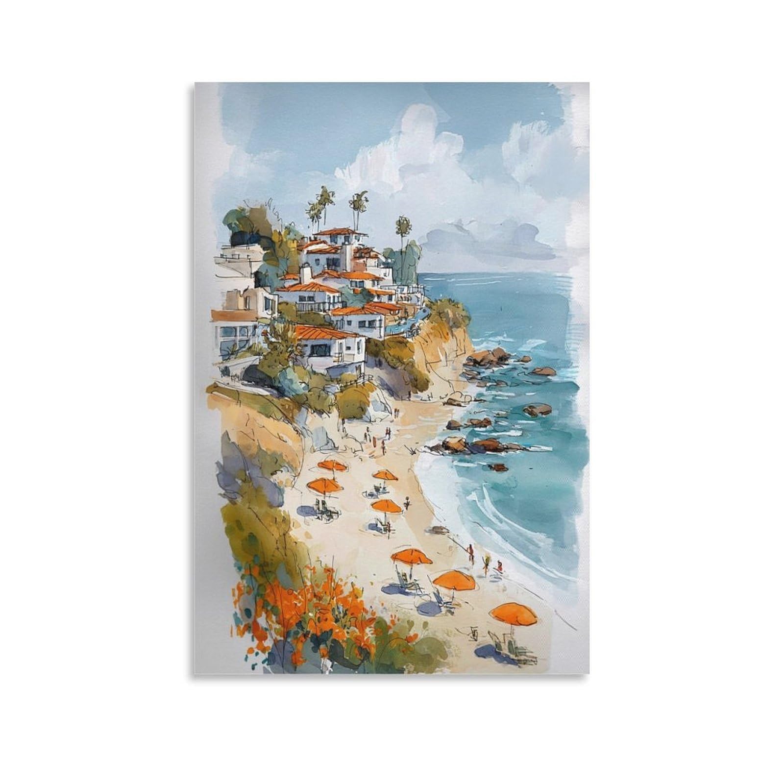 XWYMXZ Laguna Beach Watercolor Painting Poster Tree 20x30inch(50x75cm) Vintage Watercolor Canvas Art