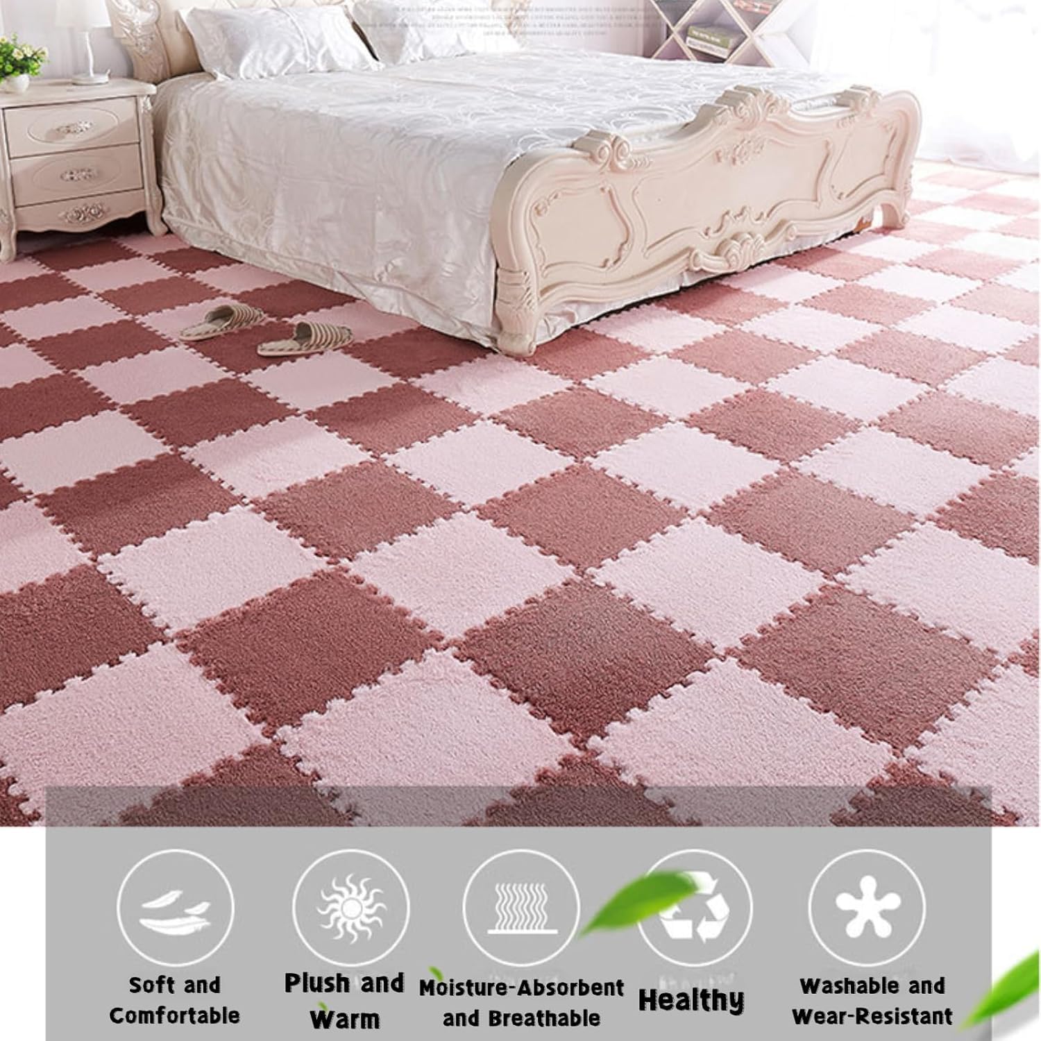 Generic Tapis patchwork en velours de lait, tapis de sol en mousse puzzle en peluche, 20 pièces (vert blanc, 30 x 30 cm)