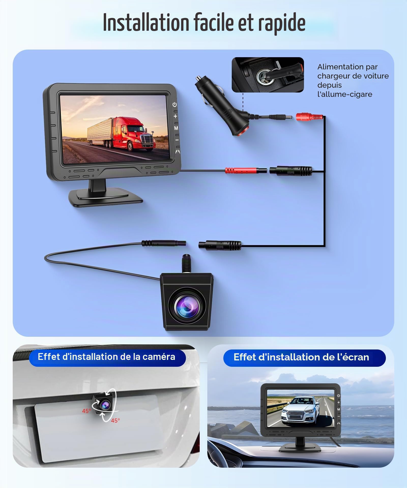 VECHTEL Caméra de recul à câble avec écran HD de 4,3 pouces, caméra de recul rotative à vision nocturne IP68 avec aide à la marche arrière, installation facile, écran amovible avec prise allume-cigare