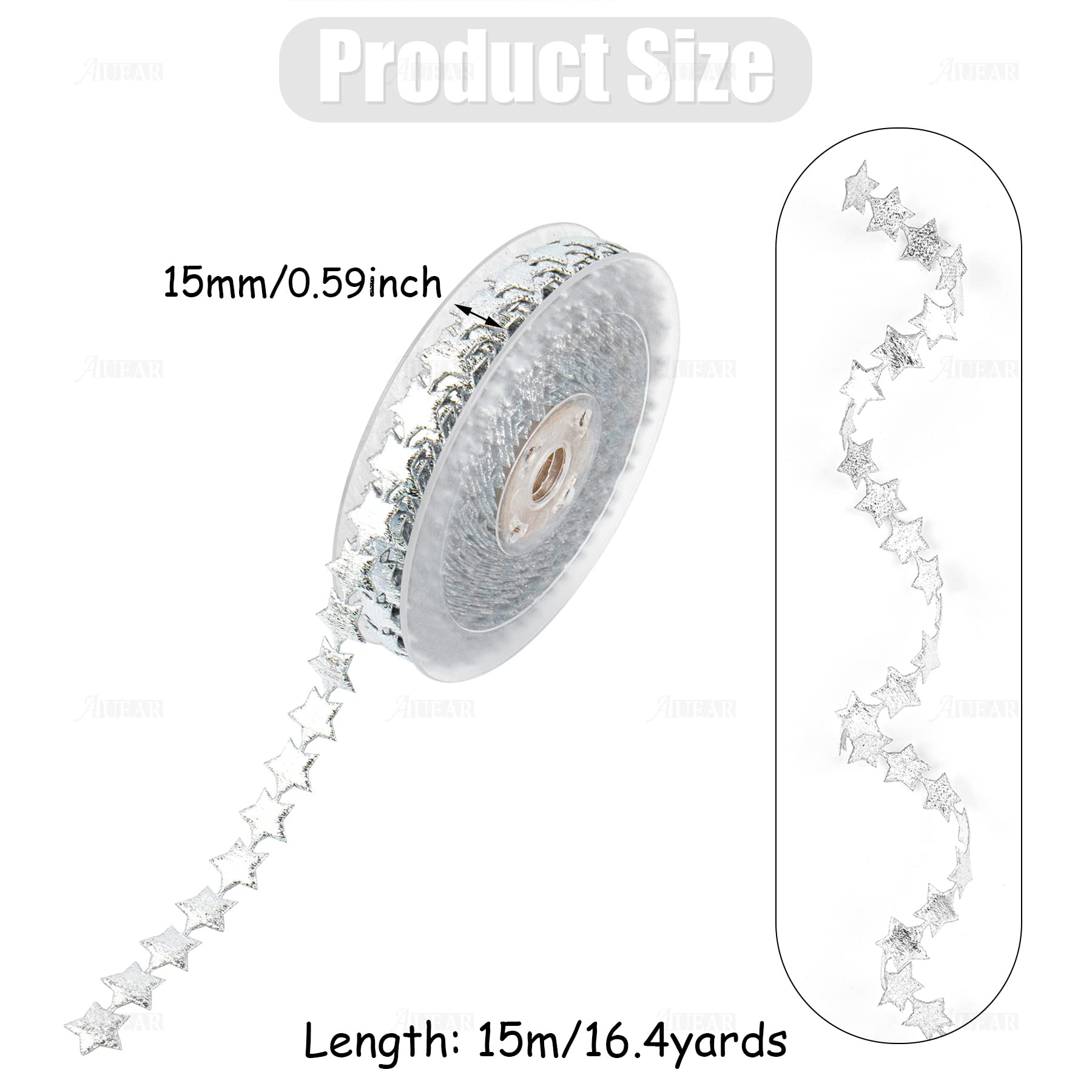 AUEAR, Ruban En Dentelle à Paillettes En Polyester Avec Motif étoiles Argentées 15 Mm Pour Décoration De Mariage, De Fête, De Noël (15 M