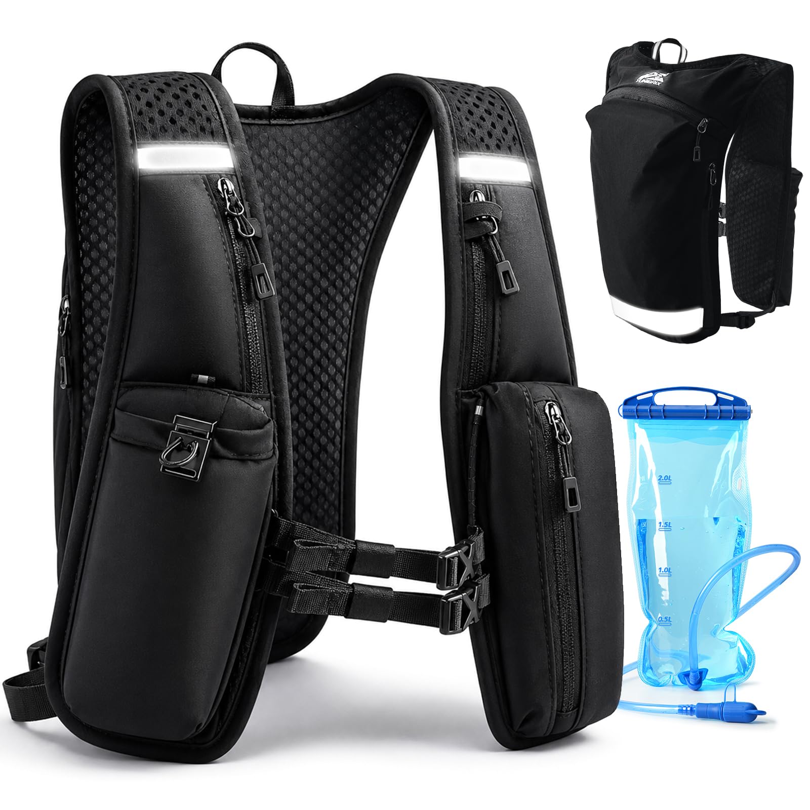Laufweste für Damen und Herren, Trinkweste Laufen mit Trinkblase 2 L & Handytasche, Verstellbarer Brustgurt, mit reflektierenden Streifen für Trailrunning wandern Marathon Laufen joggen, Schwarz