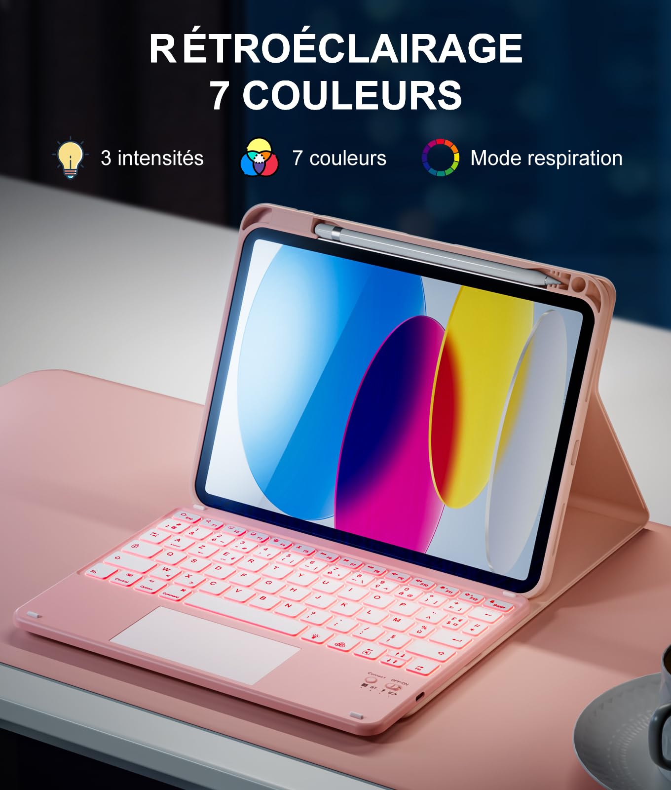 Vobafe Coque Clavier pour iPad A16 11/10 Ème Génération (11 Pouces 2025/10.9 Pouces 2022), Étui Keyboard avec Rétroéclairage 7 Couleurs et Pavé Tactile, Clavier AZERTY Rechargeable, Rose Clair