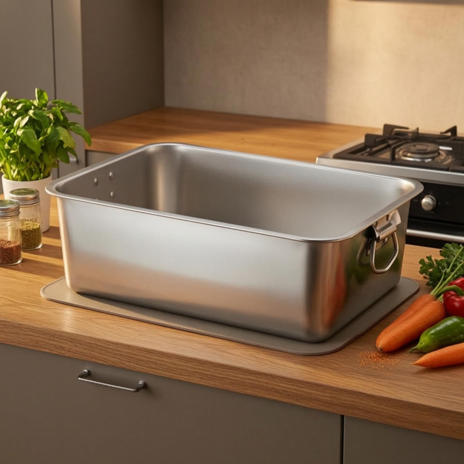 Vassoio Buffet Rettangolare in Acciaio Inox Resistente Vassoio da Buffet in Acciaio Inox con Manici Piatto da Portata per Operri Ristorazione, 27x20x10 Cm