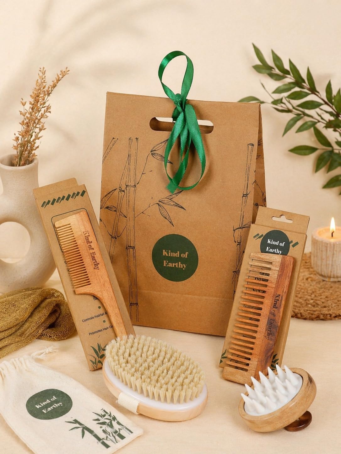 Kind of Earthy Self-Care & Hair Care Gift Pack | Wooden Scalp Massager, Dry Body Bath Brush, Shampoo Comb & Fine Tooth Comb | Eco-Friendly Spa & Grooming Hamper-picture-32