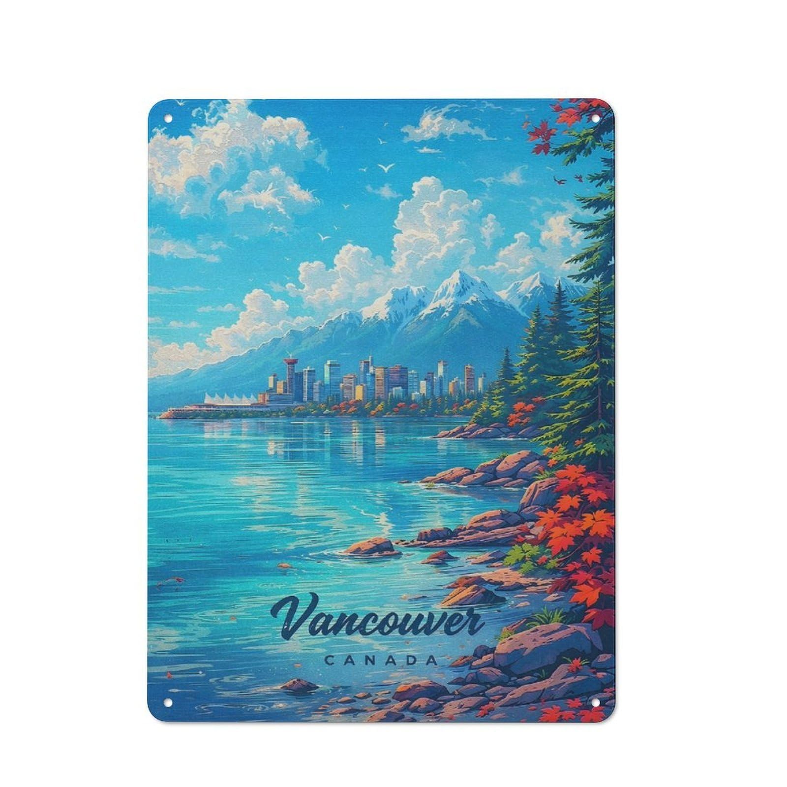 Junmoney Style-12 Tin Sign 40X30cm With Vancouver Cityscape With Mountains And Water For Hallway Wall, Rustic Decor, For Vintage Wall Decor Fans, For Garage And Workshop Walls