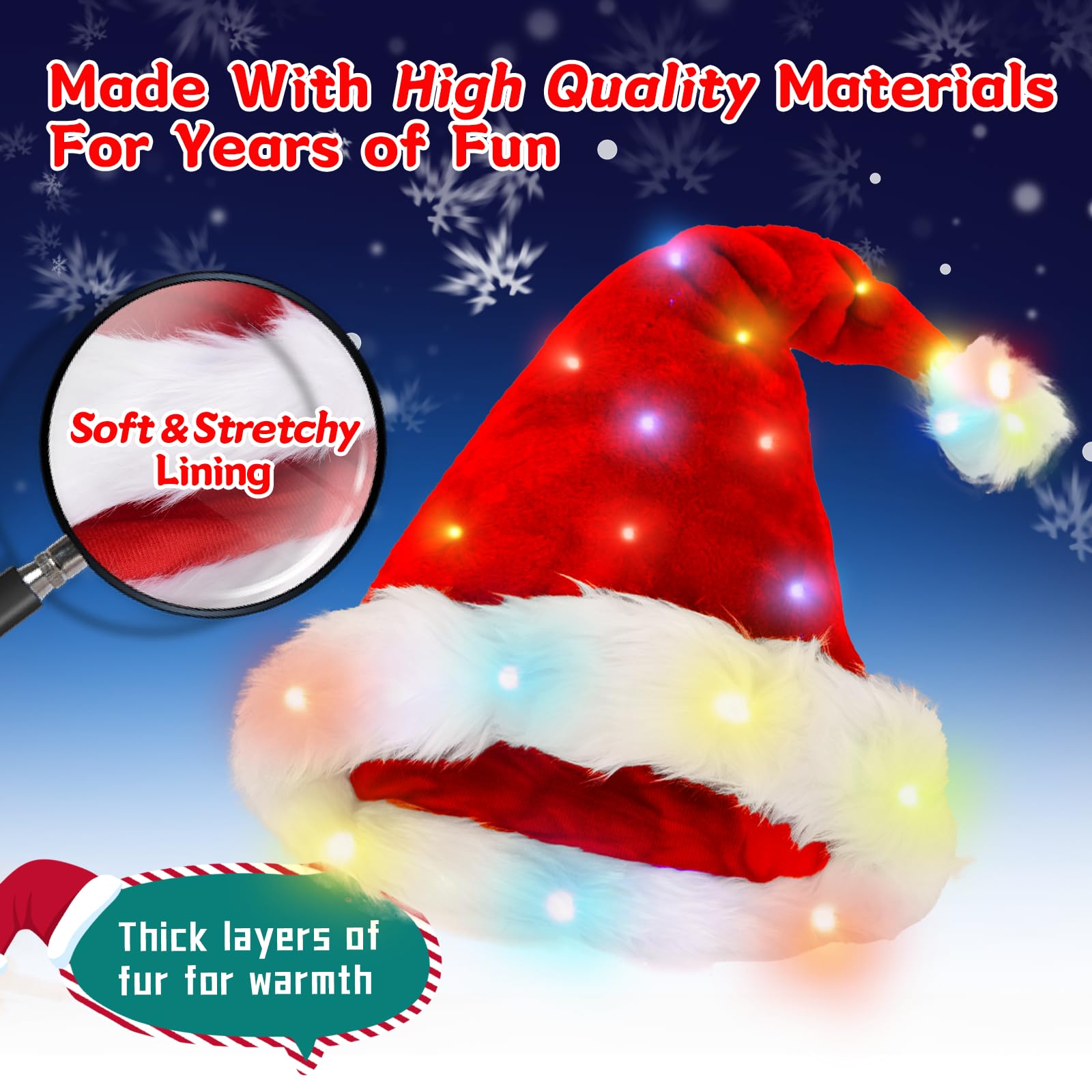 Sombrero de Papá Noel de felpa, iluminado, divertidos sombreros de Navidad para niños y adultos, juego de sombreros de Papá Noel para adultos, sombrero de Papá Noel rojo esponjoso (niños, 1