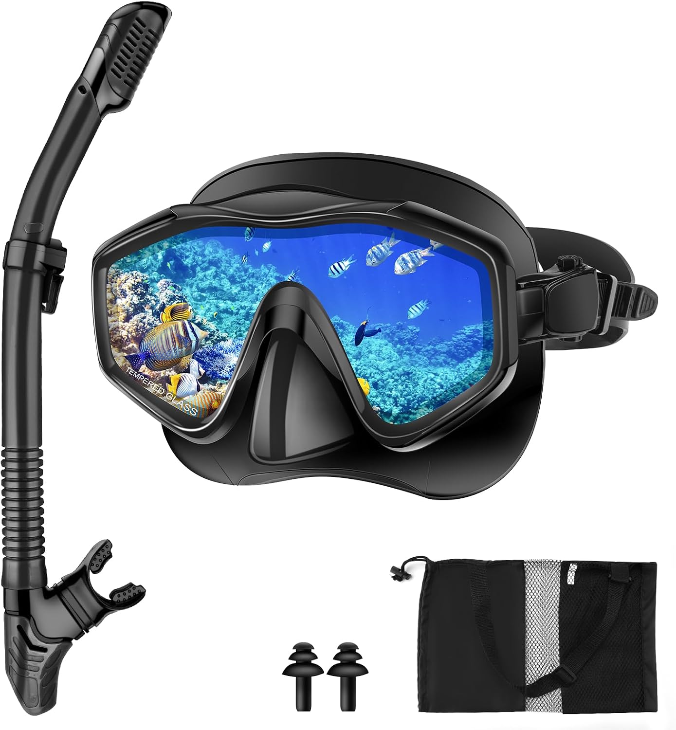 Snorkel Set Adults, with Anti-Fog Panoramic View Snorkel Mask Made of Tempered Glass and Anti-Leak Dry Snorkel Tube, Diving Snorkeling Set for Adult and Youth
